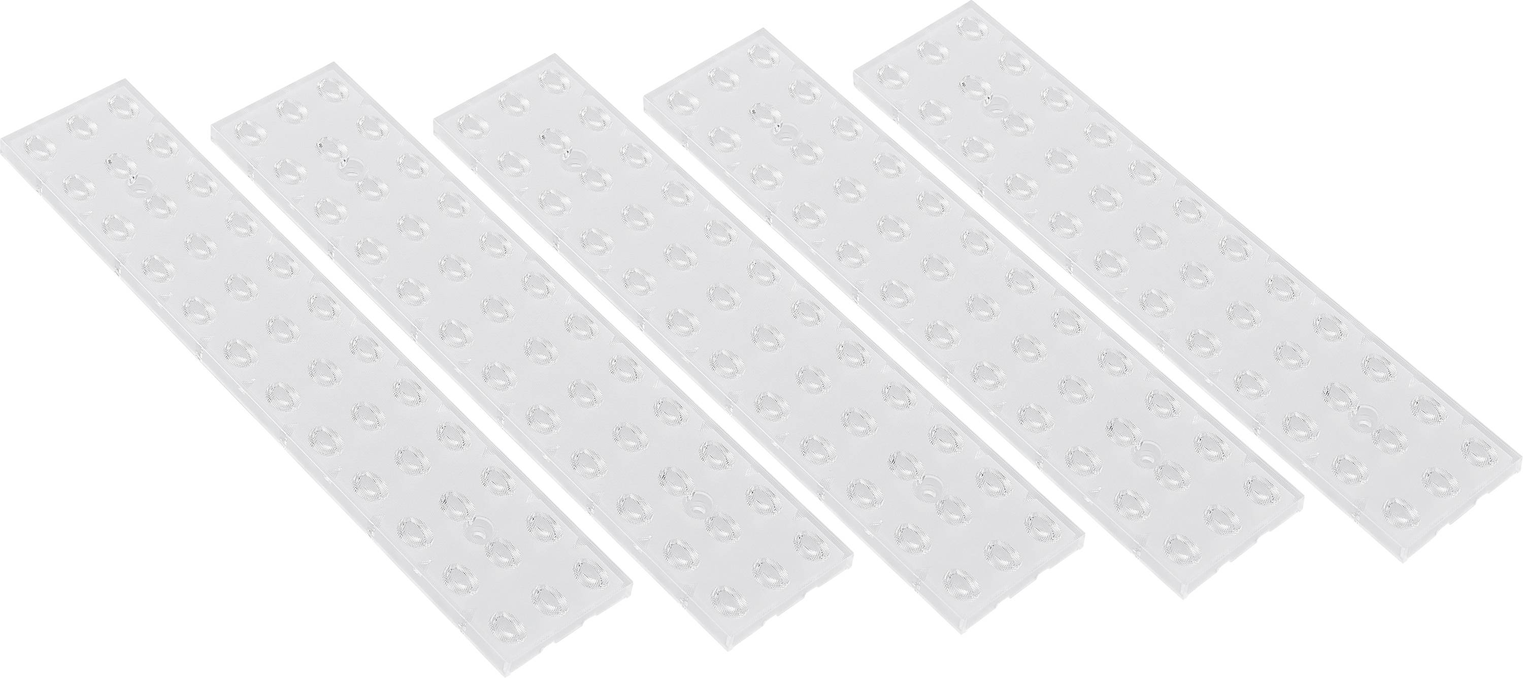 Fünf weiße Kunststoffstreifen mit gleichmäßig verteilten Erhebungen auf der Oberfläche, angeordnet in einer geraden Linie.