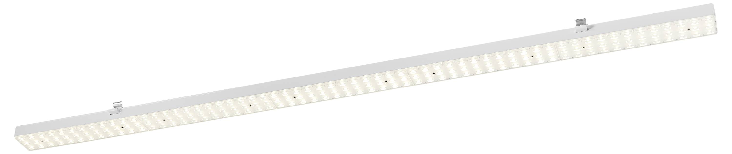 Langes, rechteckiges LED-Lichtmodul mit gleichmäßiger Lichtverteilung. Geeignet zur Deckenmontage in Büros oder gewerblichen Räumen.