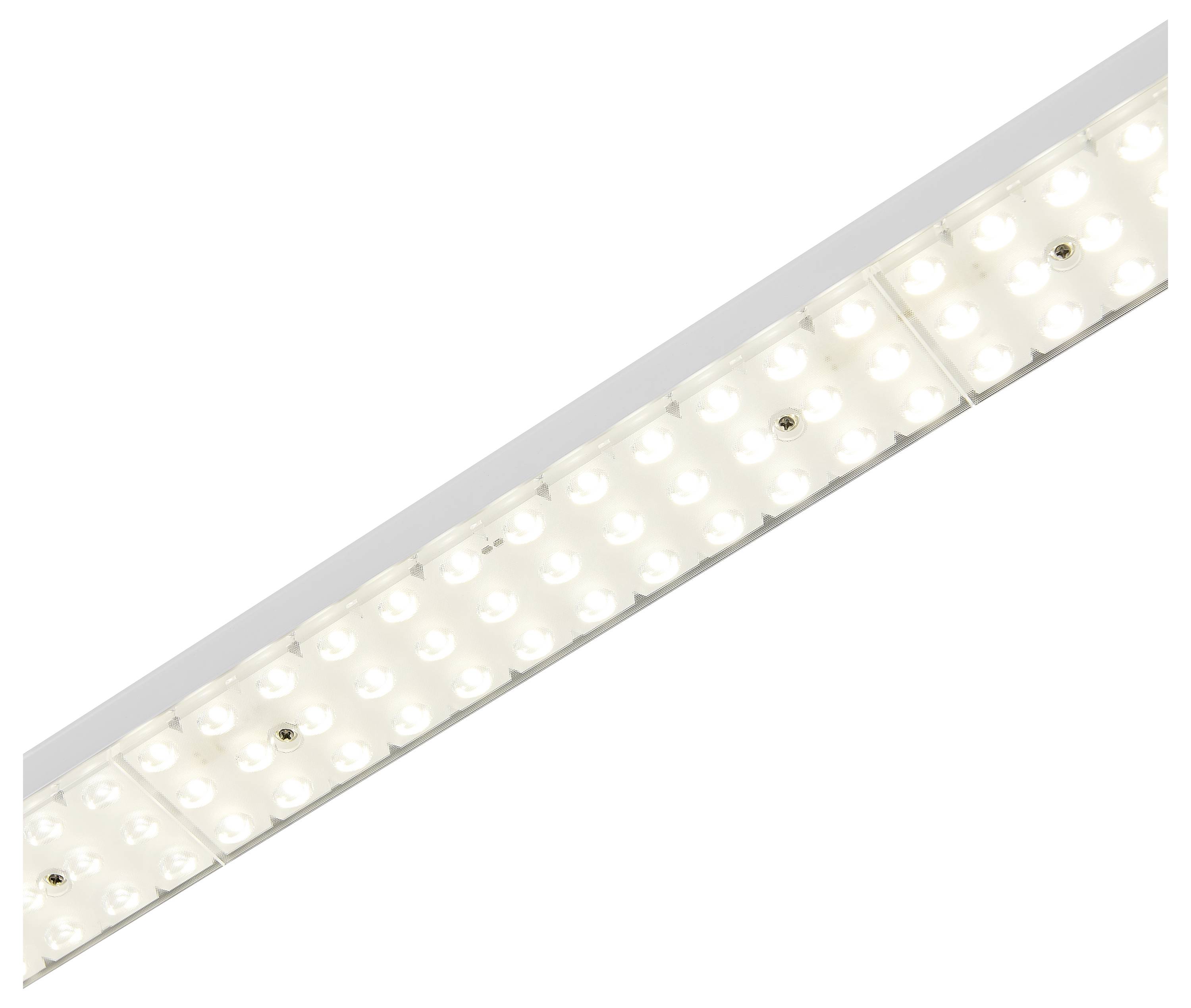 Lineare LED-Leuchte mit rechteckiger Form, leuchtet mit hellem, weißem Licht und ist zur Deckenmontage geeignet.