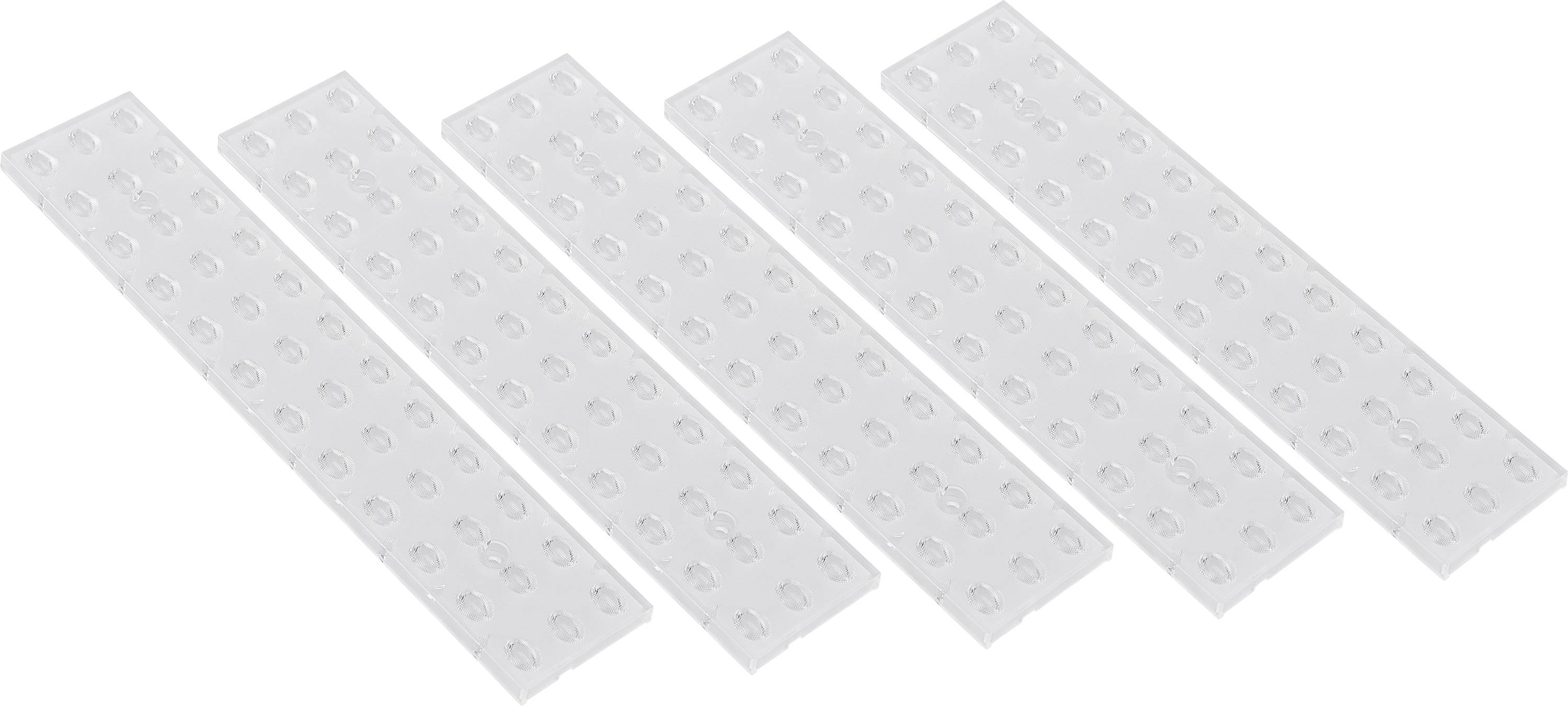 Fünf weiße, rechteckige, perforierte Platten in einer Reihe.