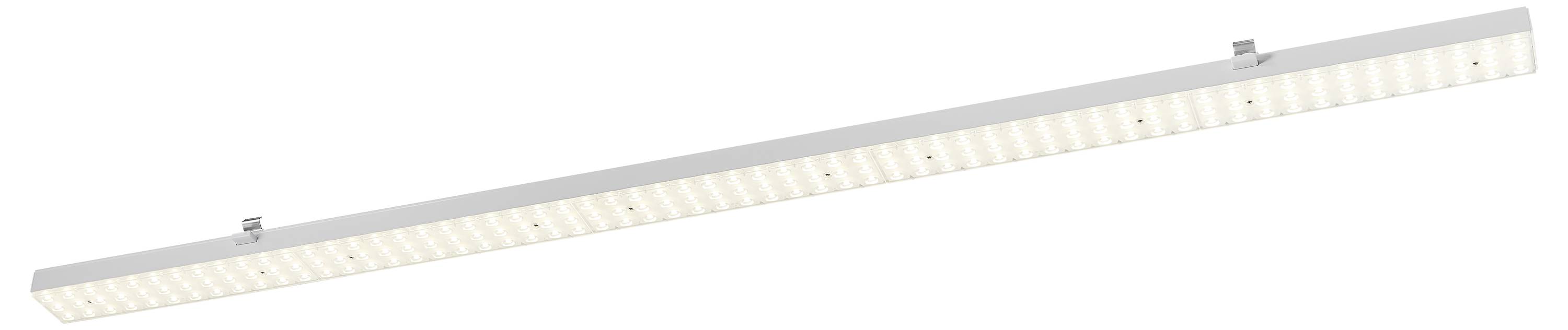 Ein langes, rechteckiges LED-Leuchtpanel mit Befestigungen an der Oberseite, leuchtet in einem neutralen Weißton.