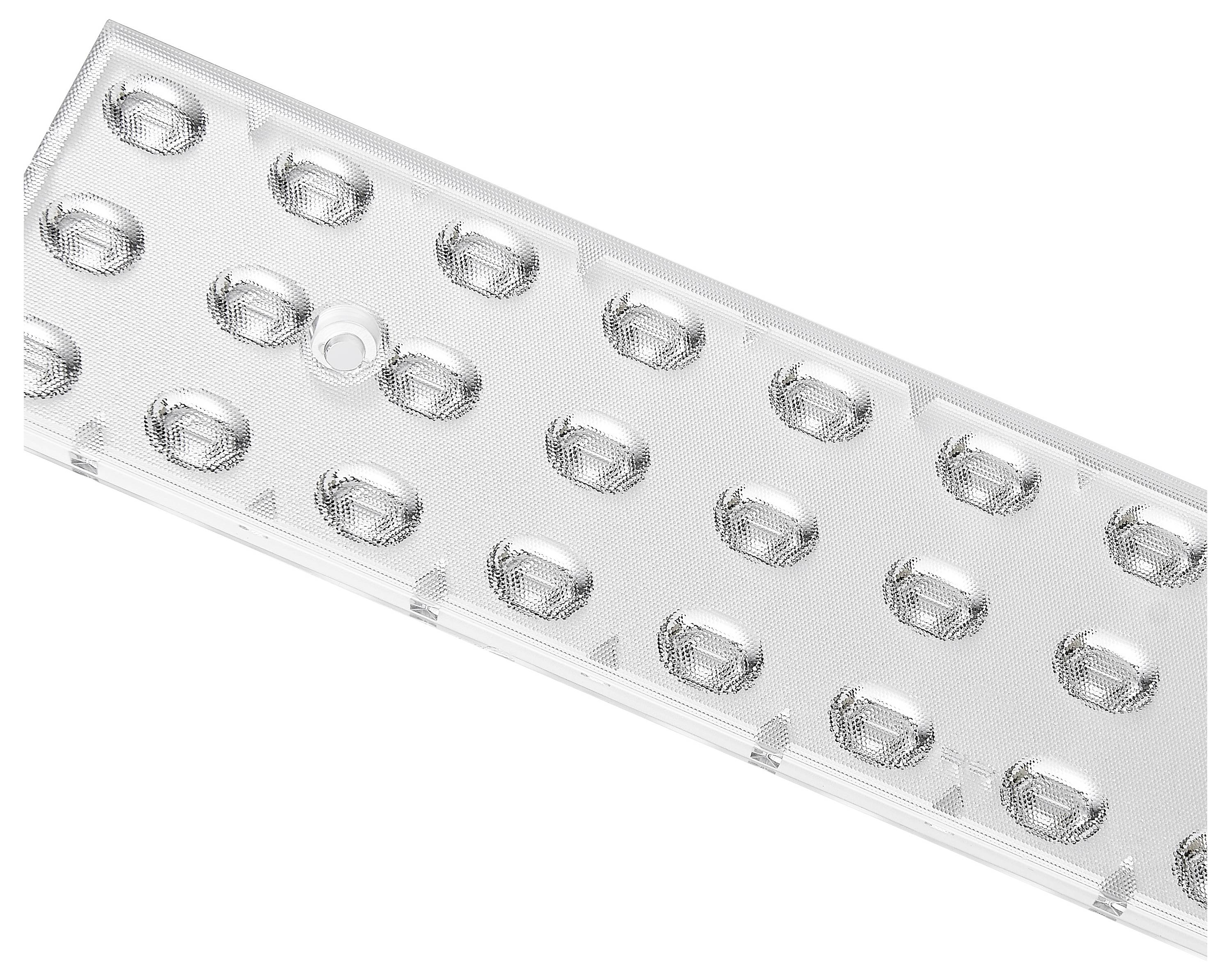 Eine klare Kunststoffplatte mit rechteckigen, erhabenen Noppen in einem regelmäßigen Muster.