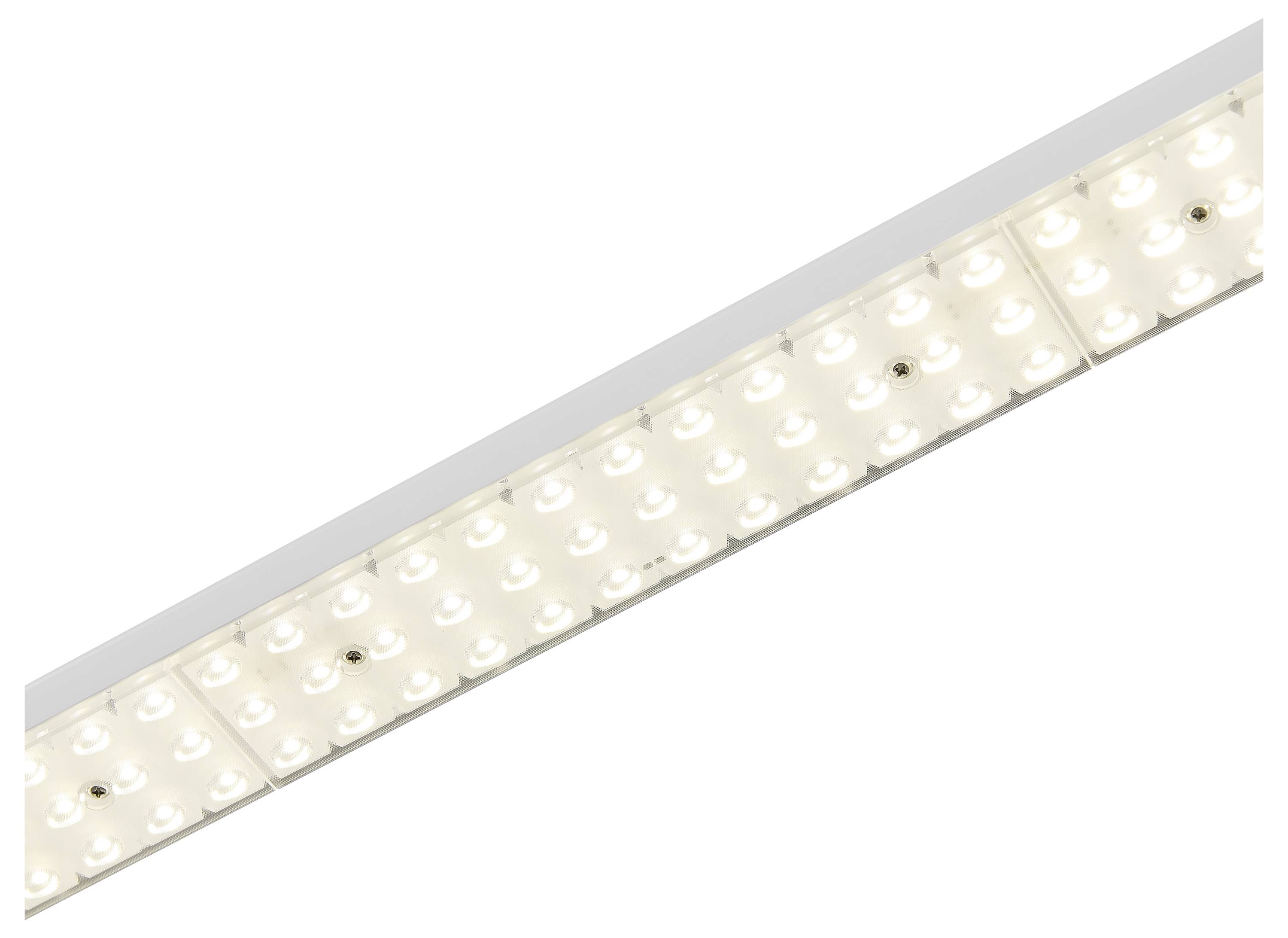 LED-Lichtleiste in schräger Perspektive, leuchtend mit warmweißem Licht. Sie zeigt gleichmäßige Anordnung der LEDs.