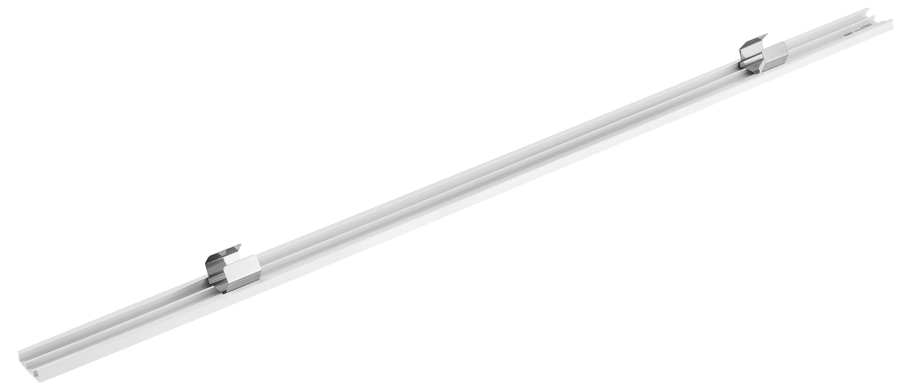 Ein langes, schmalen Aluminium-Profil mit zwei silbernen Halterungen zeigt ein modernes Design-Element.