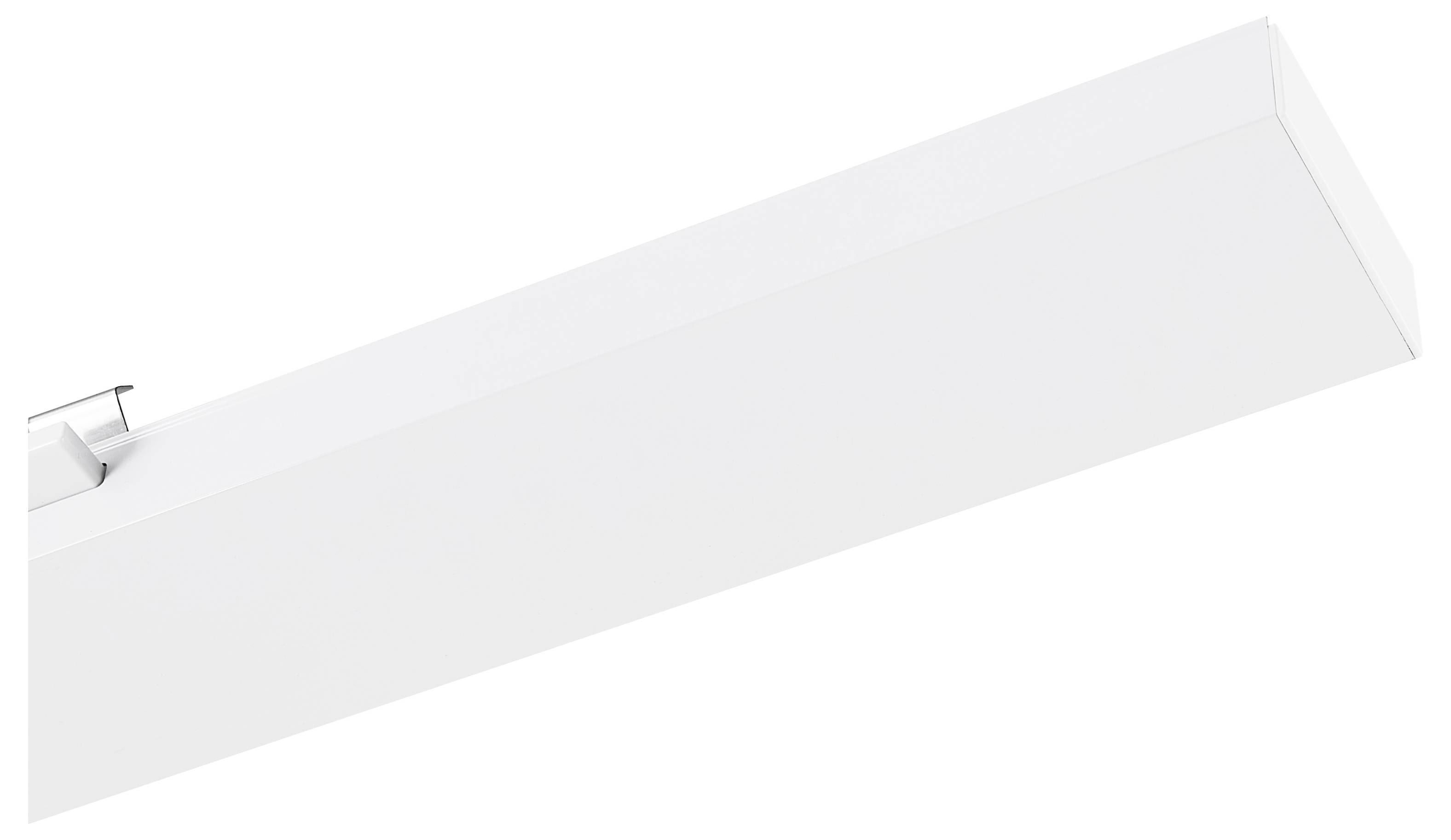 Eine rechteckige, weiße LED-Leuchte mit schlichtem Design zur Deckenmontage; hervorzuheben ist die minimalistische Halterung.