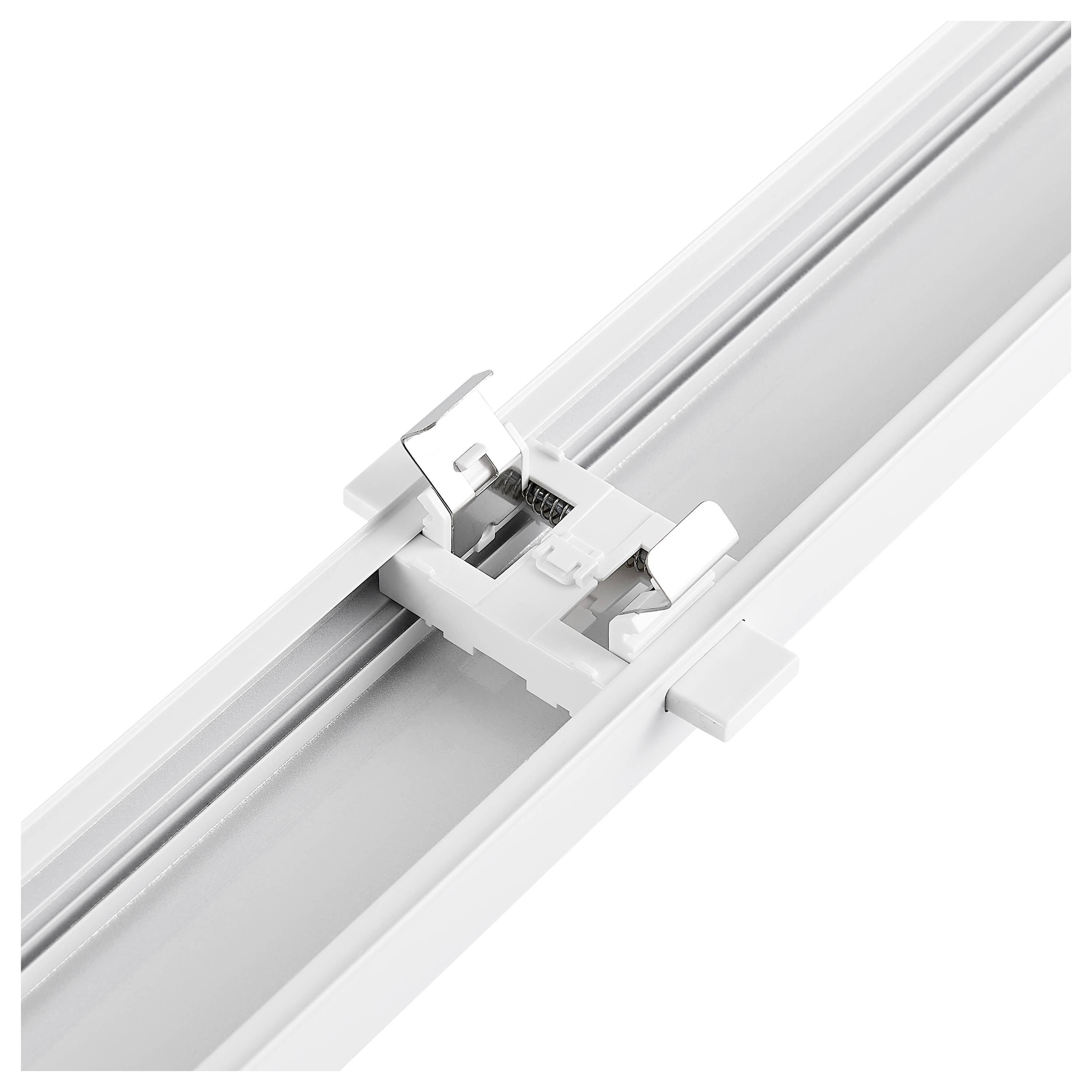 Metallschiene mit Befestigungsclip, seitliche Ansicht. Schiene hat eine rechteckige Form und ist aus weißem Material gefertigt.