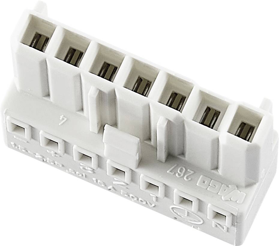 Weiße Kunststoffbuchse mit sieben Metallanschlüssen, verwendet zur elektrischen Verbindung in Geräten.
