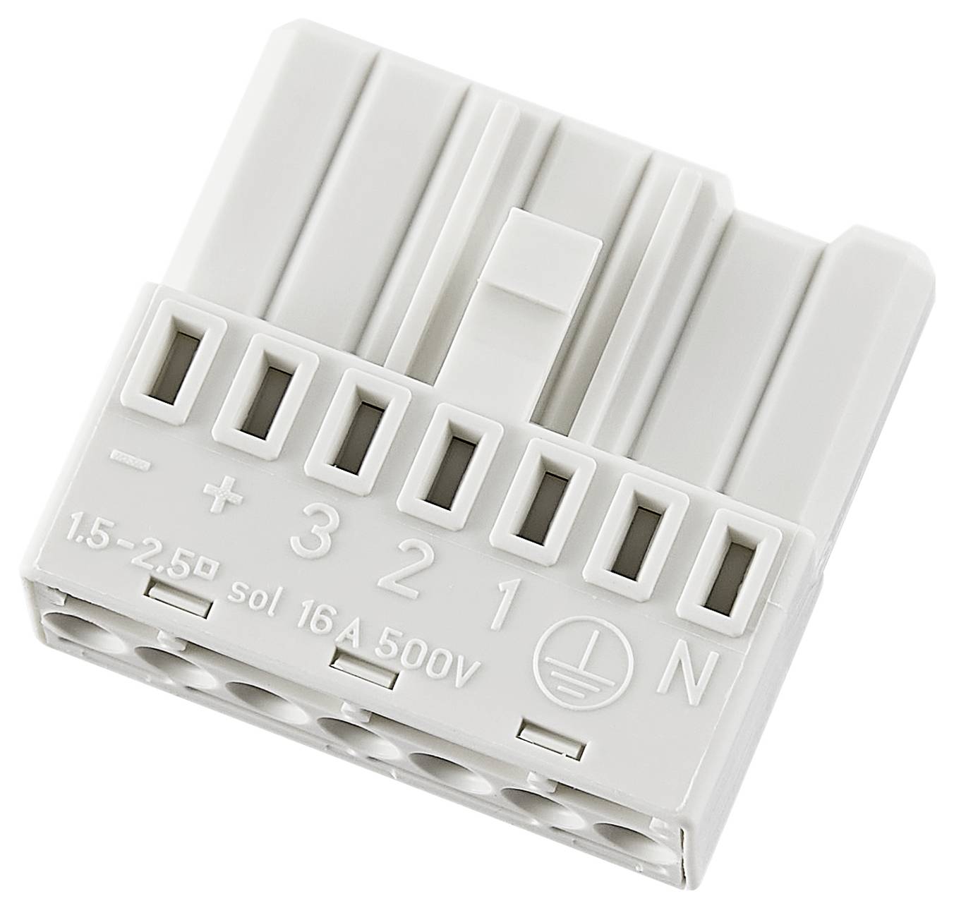 Ein weißer elektrischer Steckverbinder mit sechs Eingängen, nummeriert mit '+', '3', '2', '1', 'N', für 16 A, 500 V.