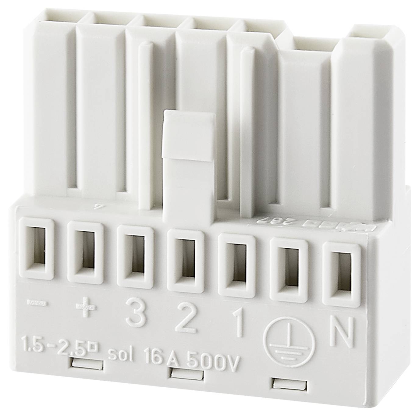 Ein weißer elektrischer Steckverbinder mit sechs Anschlüssen, beschriftet mit '+', '3', '2', '1', 'N', und Erdungssymbol, geeignet für 16A 500V.