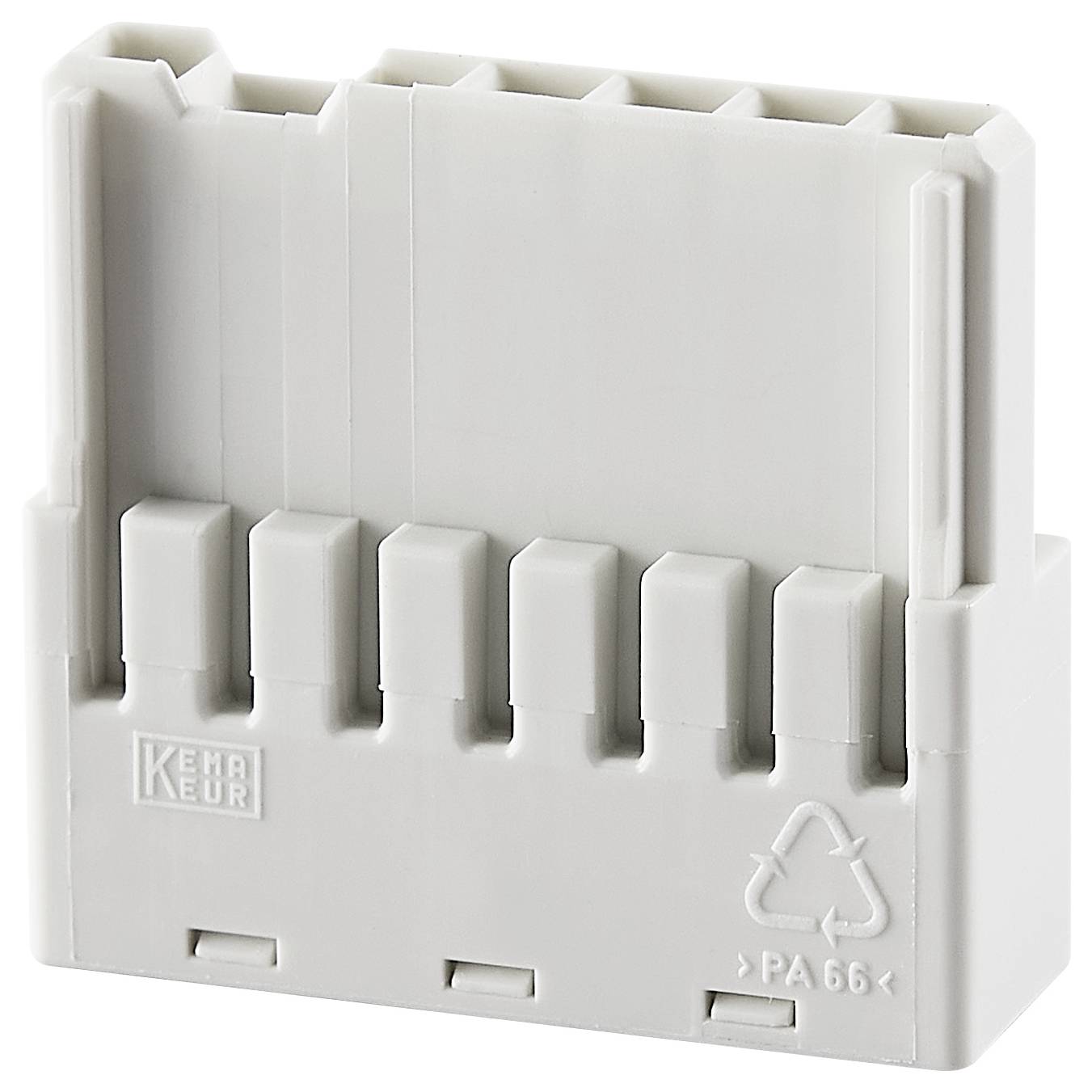 Ein graues Kunststoffteil mit mehreren senkrechten Schlitzen und geprägten Symbolen. Verwendet zur elektrischen Verbindung.