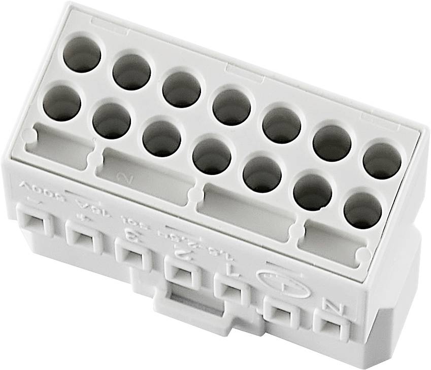 Mehrpoliger, rechteckiger Steckerblock aus grauem Kunststoff mit mehreren runden Steckplätzen und Beschriftungen auf der Oberseite.