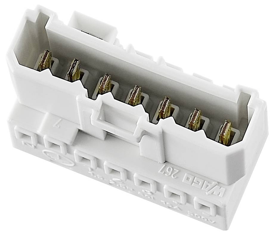 Ein weißer, rechteckiger Steckverbinder mit mehreren Metallstiften. Geeignet zum Anschluss von Kabeln in elektrischen Geräten.