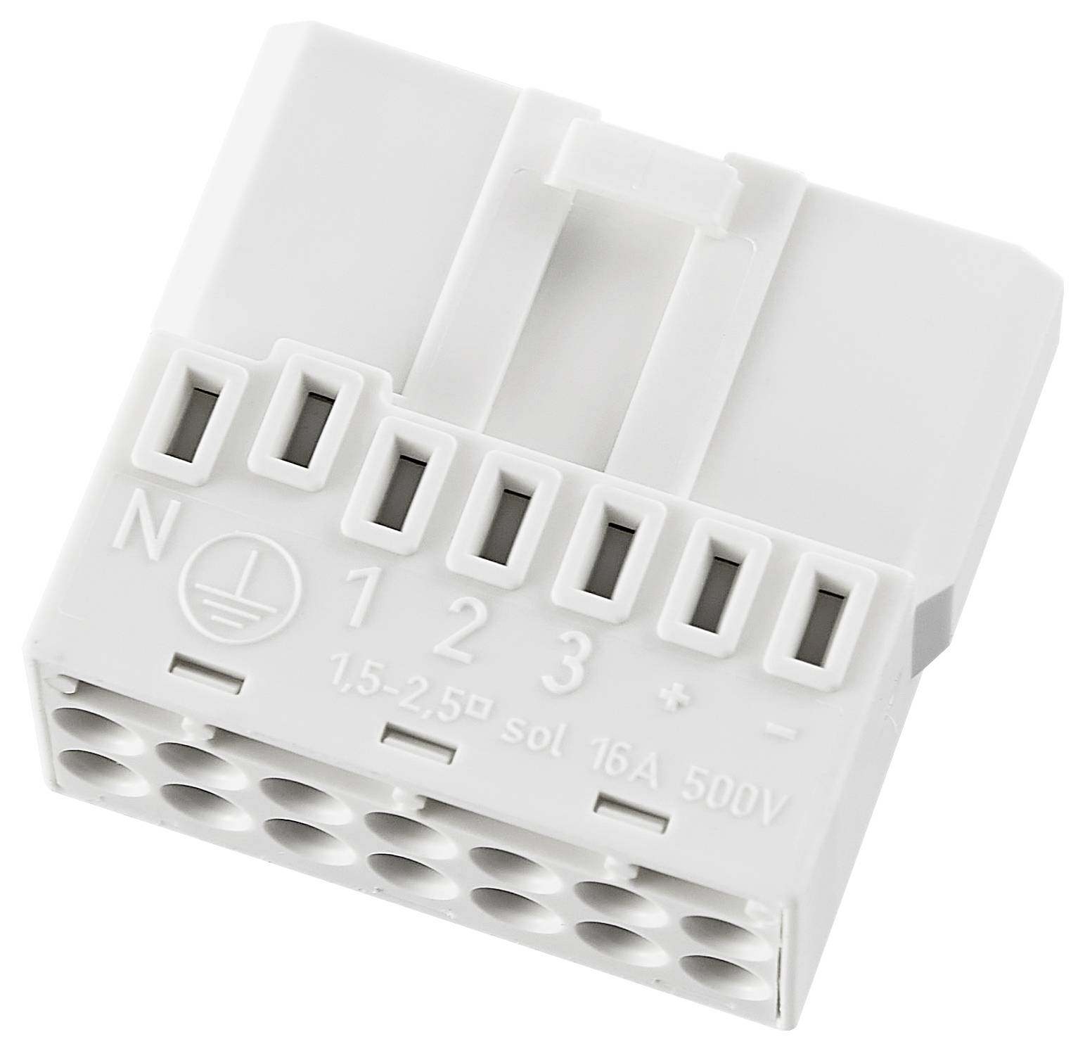 Weißer elektrischer Verbinder mit acht Anschlüssen, Beschriftung für Pol, Spannung und Strom; verwendet in Elektroinstallationen.