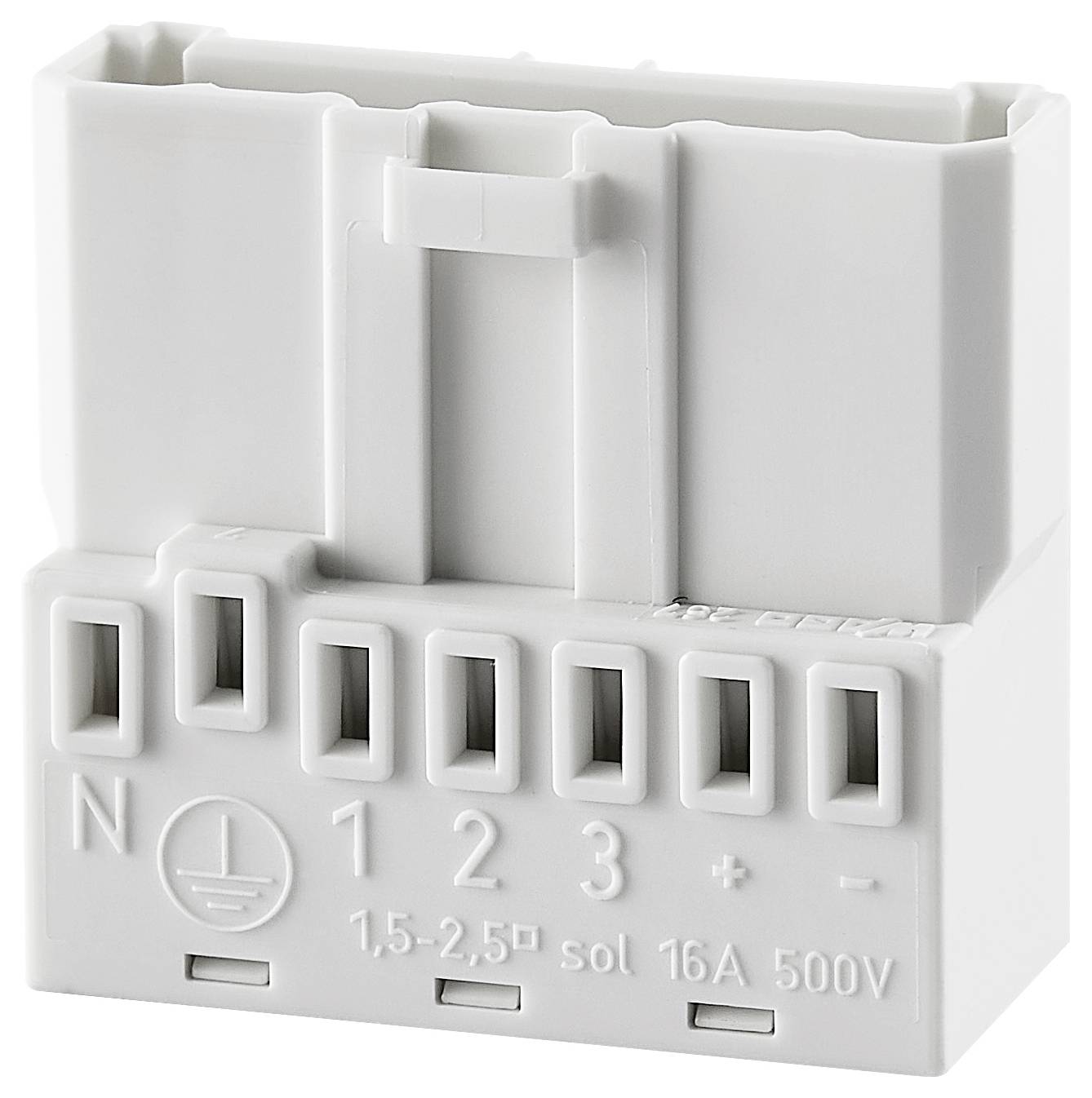 Ein elektrischer Steckeradapter mit vier nummerierten Eingängen und einer Erdungssymbol-Markierung. Geeignet für 16A und 500V.