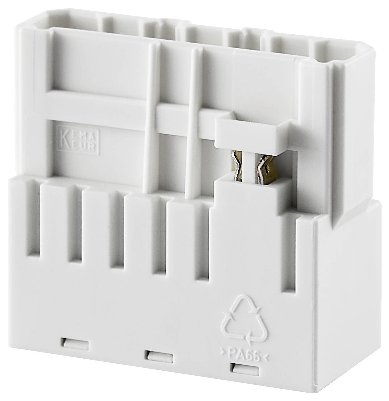 Kunststoffgehäuse mit mehreren Steckplätzen, Symbol für Recycling und Aufschrift 'KEMA EUR'.