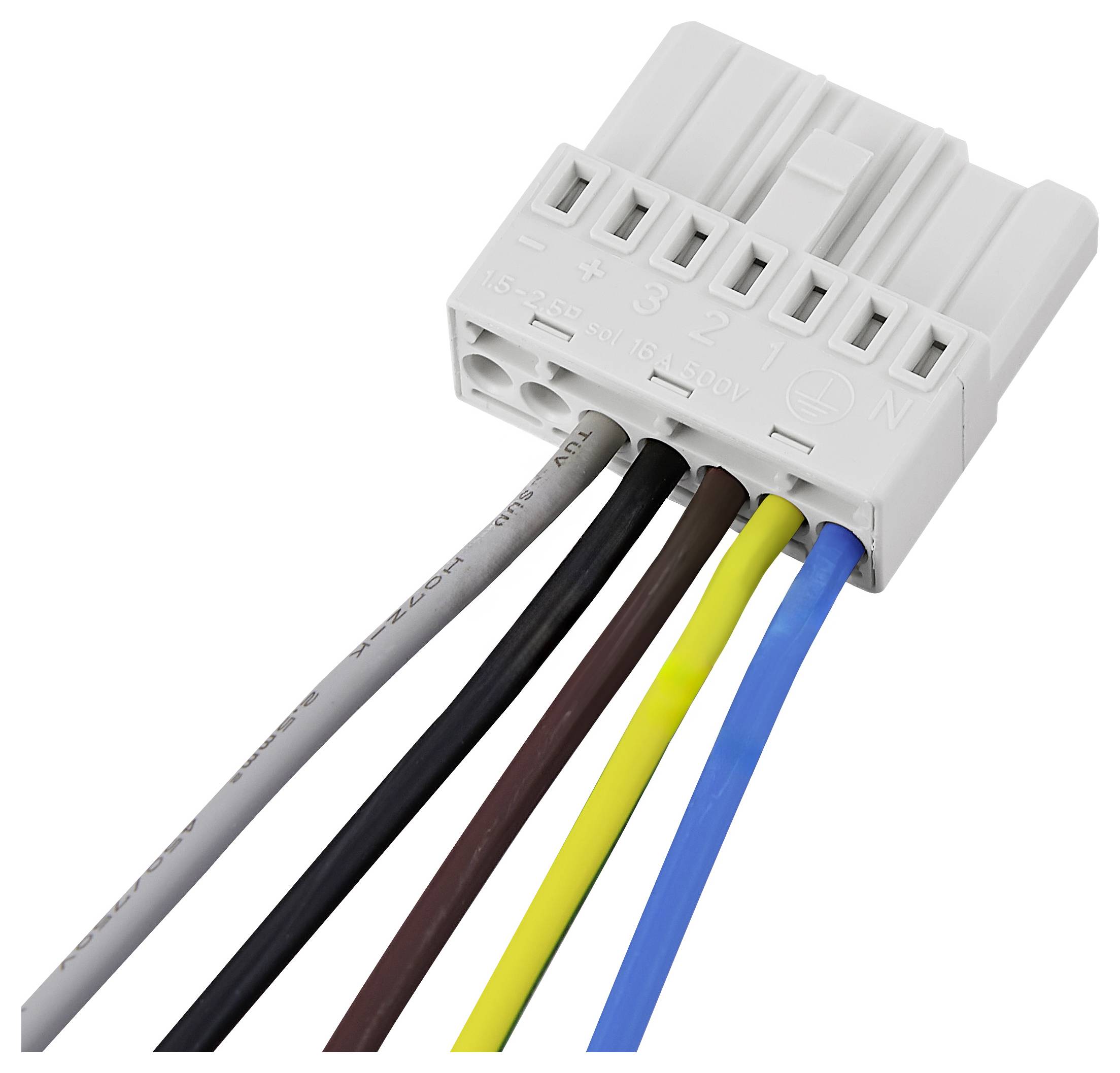 Mehrkanaliger Kabelverbinder mit weißen, schwarzen, braunen, gelben und blauen Drähten, die aus einem weißen Kunststoffgehäuse austreten.