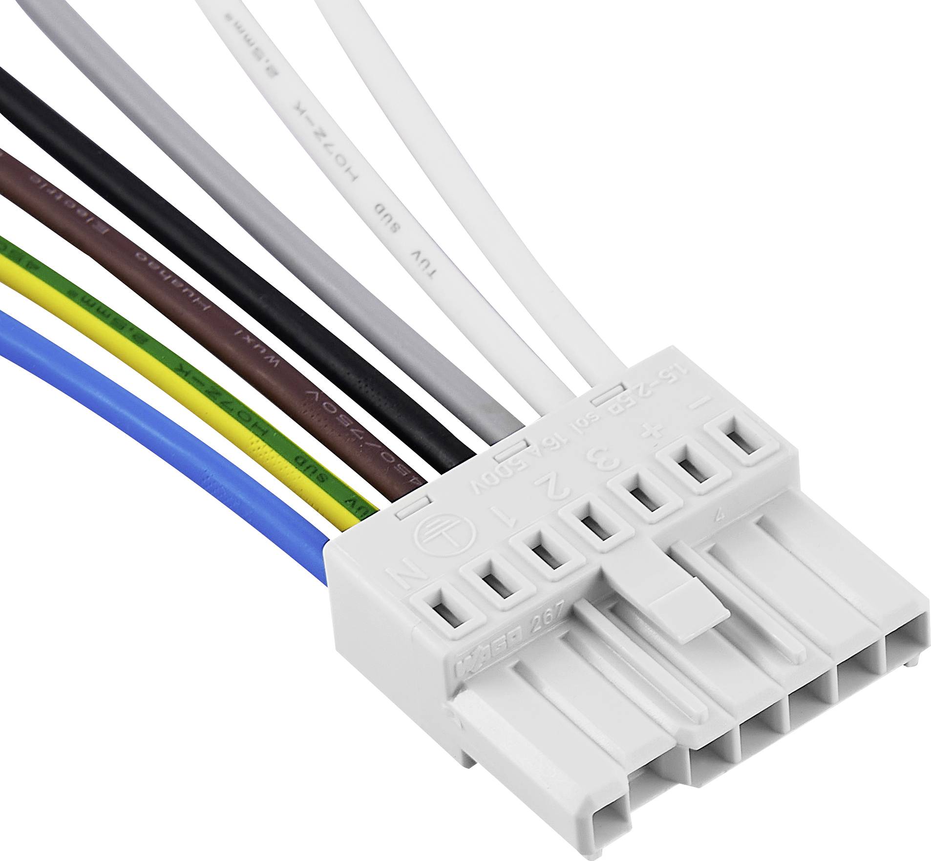 Ein weißer Kunststoffstecker mit acht farbigen Kabeln: blau, grün/gelb, braun, weiß, grau und schwarz. Verbindet Elektronikkomponenten.