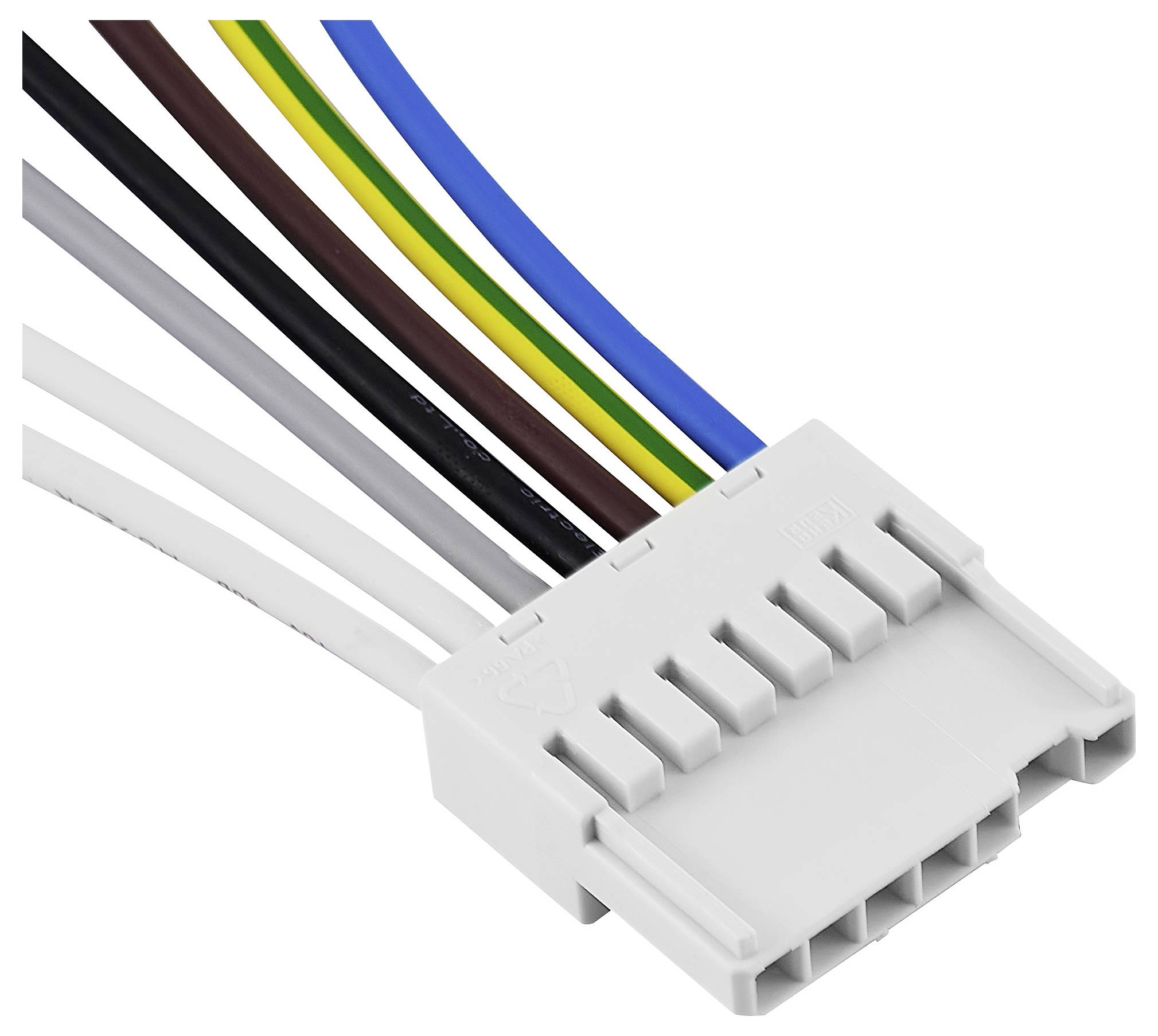 Ein weißer, rechteckiger Steckverbinder mit sechs farbigen Kabeln in Blau, Gelb-Grün, Braun, Schwarz, Grau und Weiß.