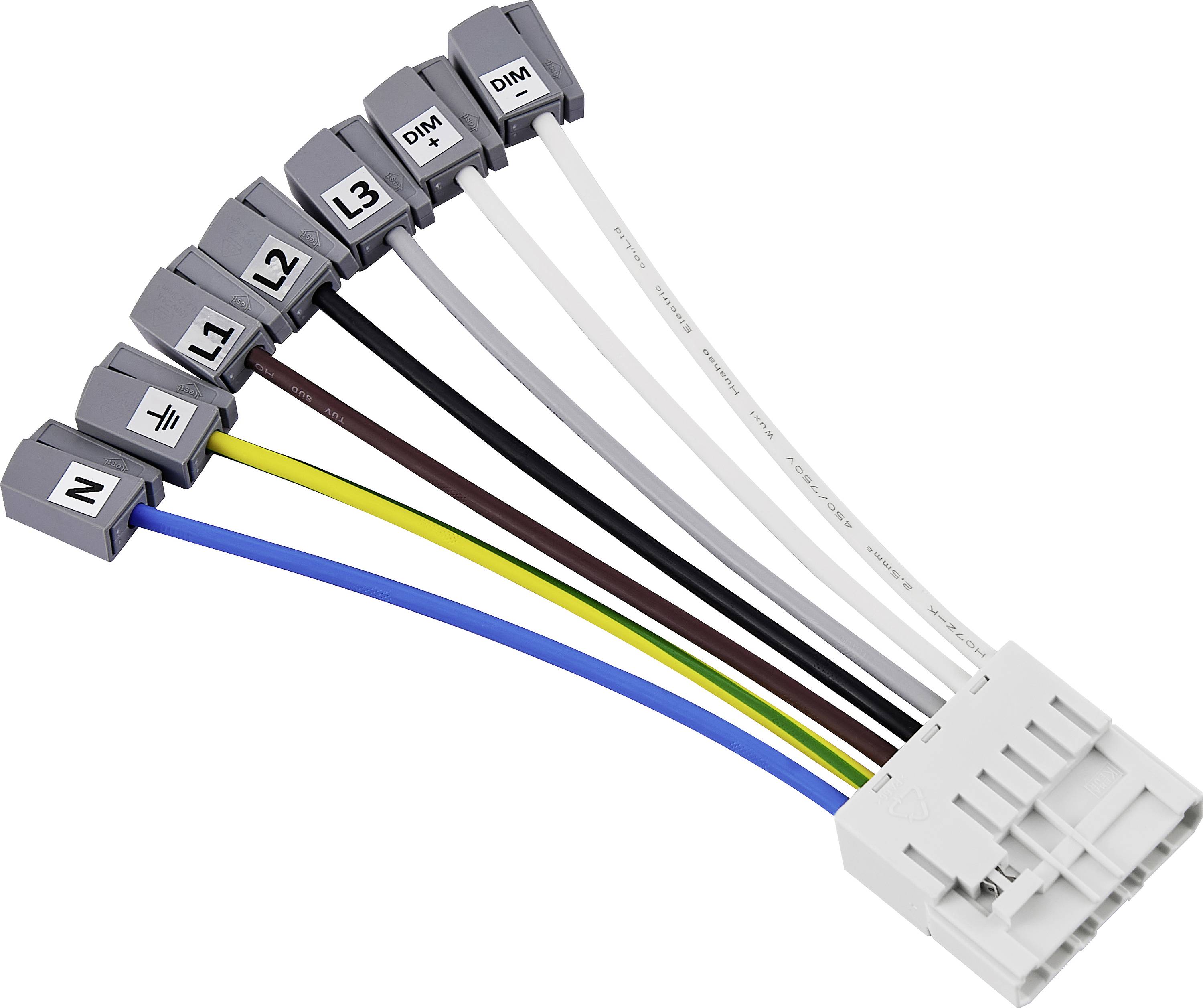 Mehradriger Stecker mit sieben farbcodierten Kabeln. Beschriftet mit 'N', 'L1', 'L2', 'L3', Erdungssymbol, 'DM', 'DM'.