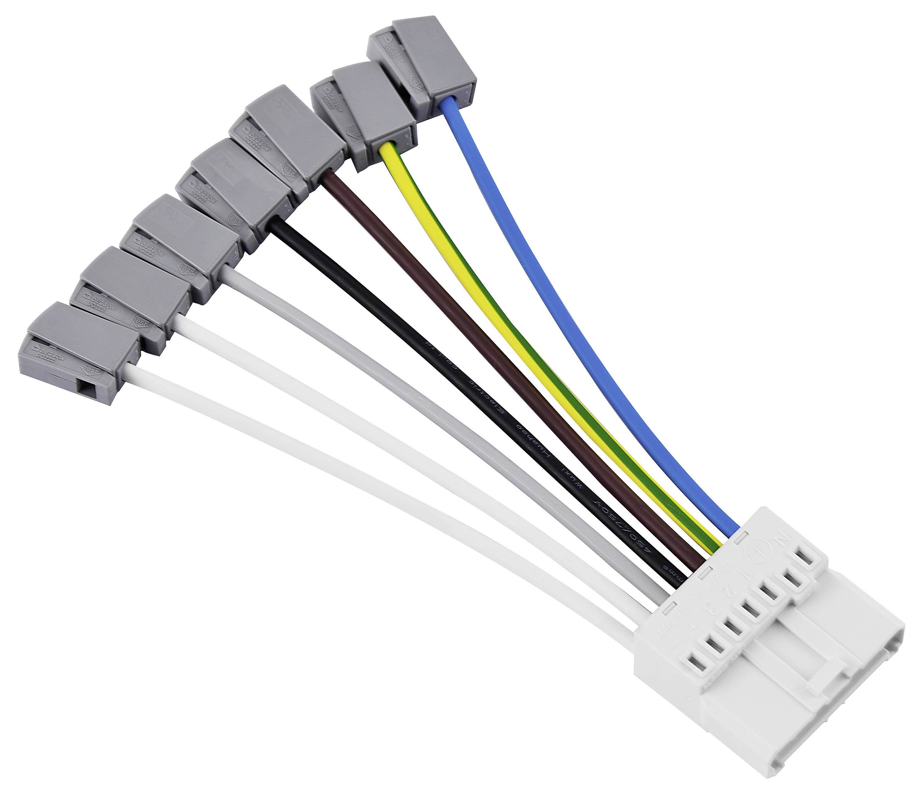 Mehrfarbige elektrische Kabel sind in einem weißen Stecker verbunden. Sie enden in grauen Steckanschlüssen.