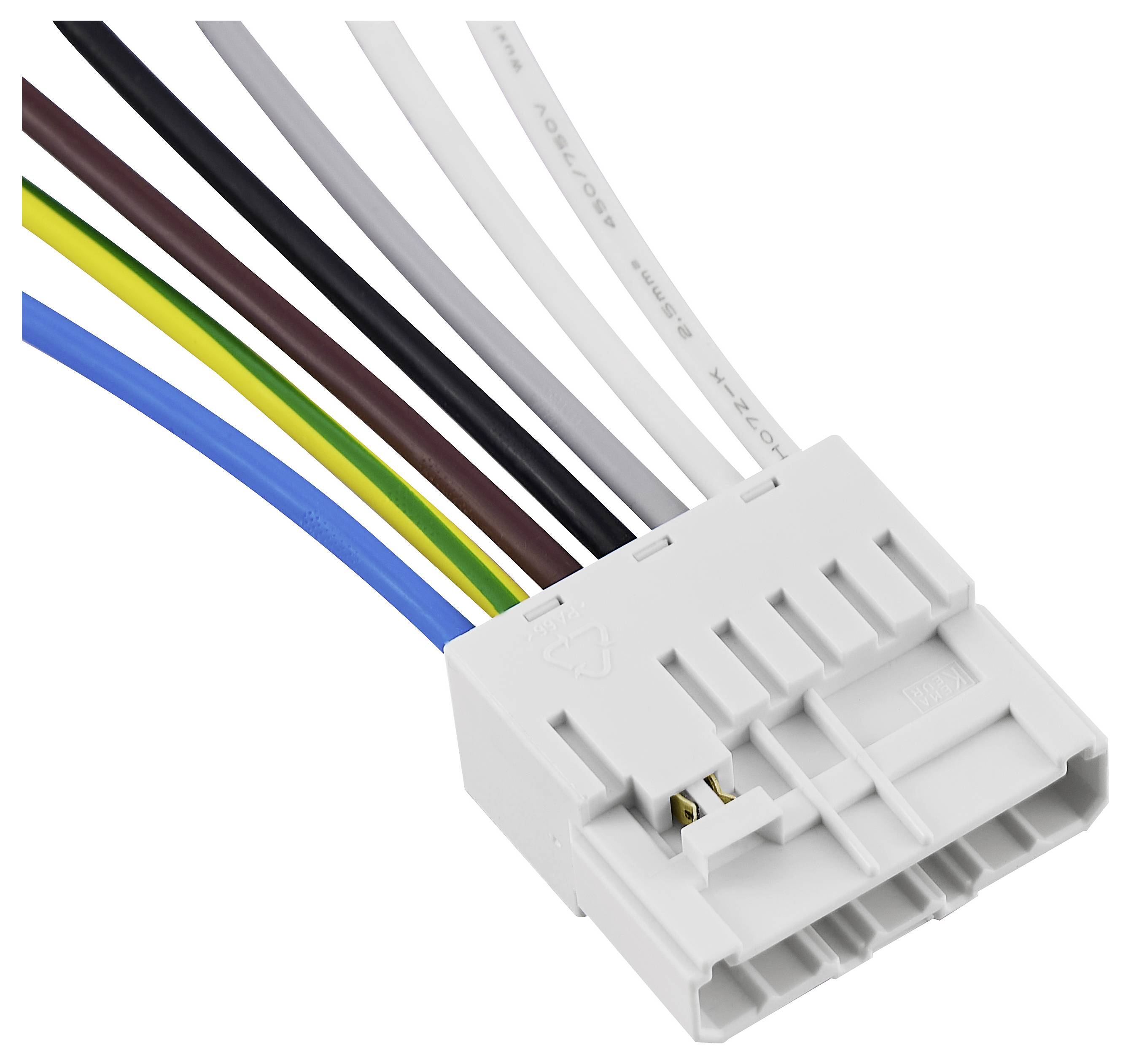 Stecker mit mehreren farbigen Kabeln; verschiedene elektrische Anschlüsse.