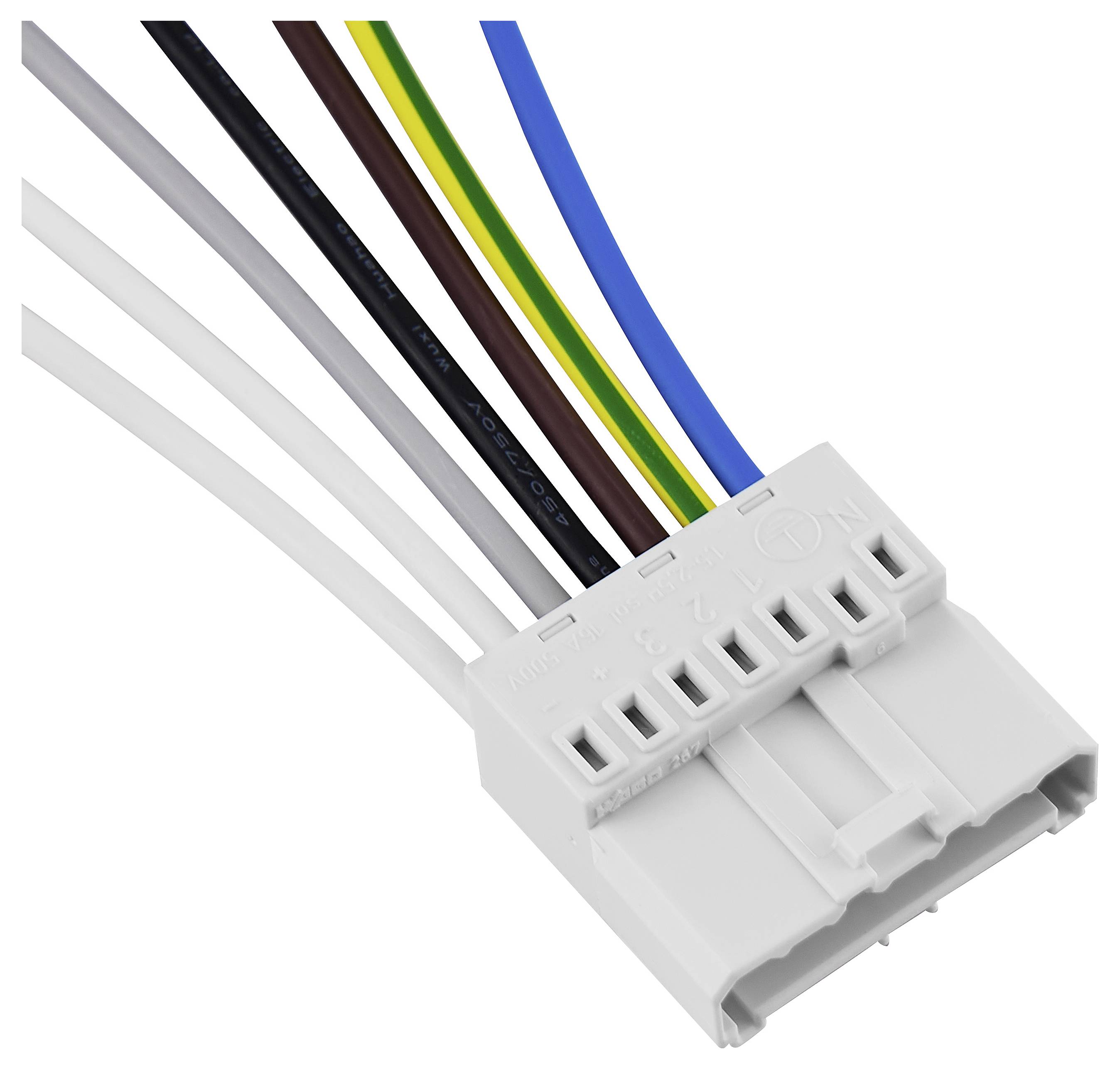 Nahaufnahme eines elektrischen Steckverbinders mit mehreren bunten Kabeln: weiß, grau, braun, grün-gelb, blau und schwarz.