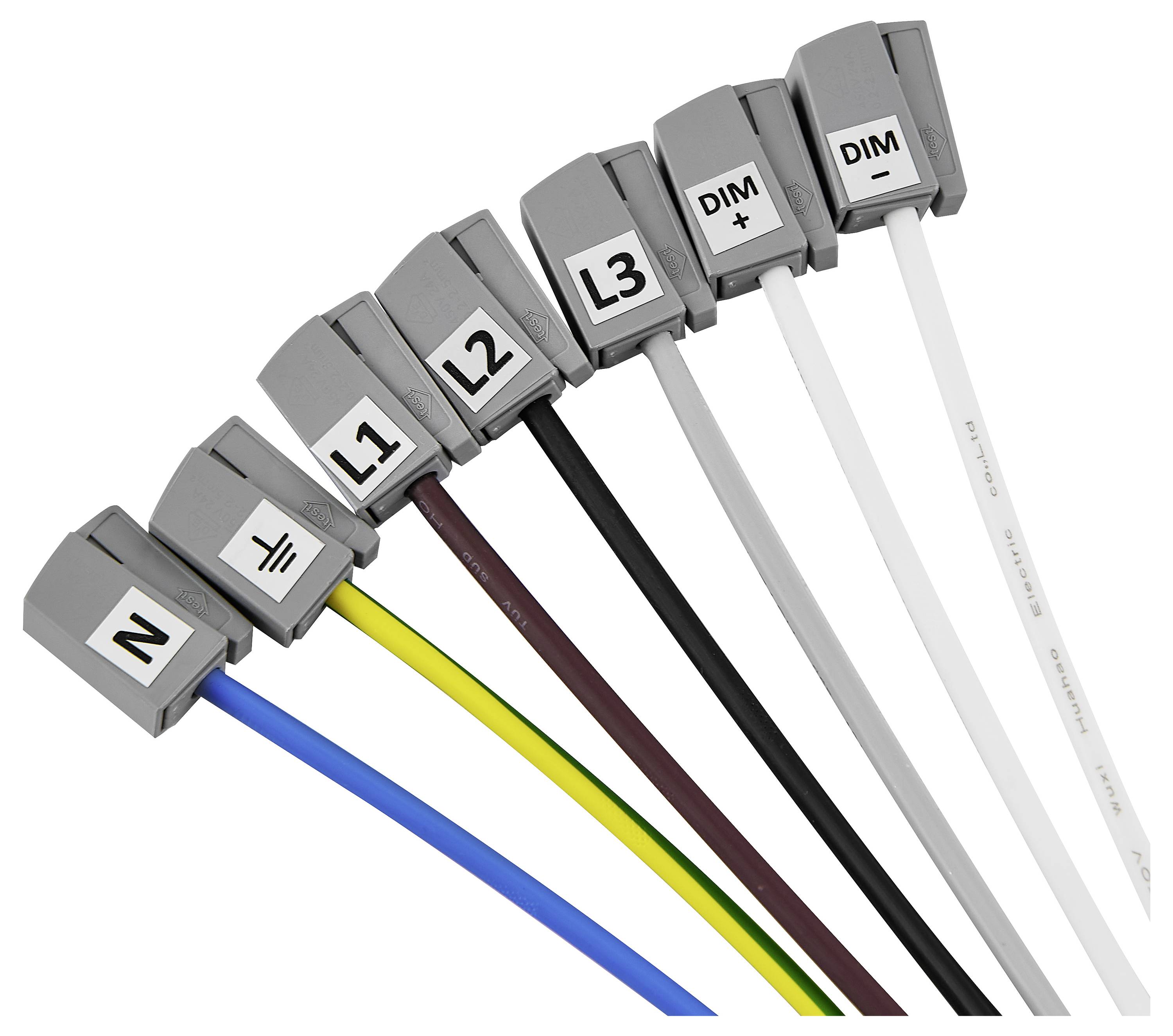Anordnung von sieben farbigen elektrischen Kabeln mit Beschriftungen: N, Erde, L1, L2, L3, DIM -, DIM +.