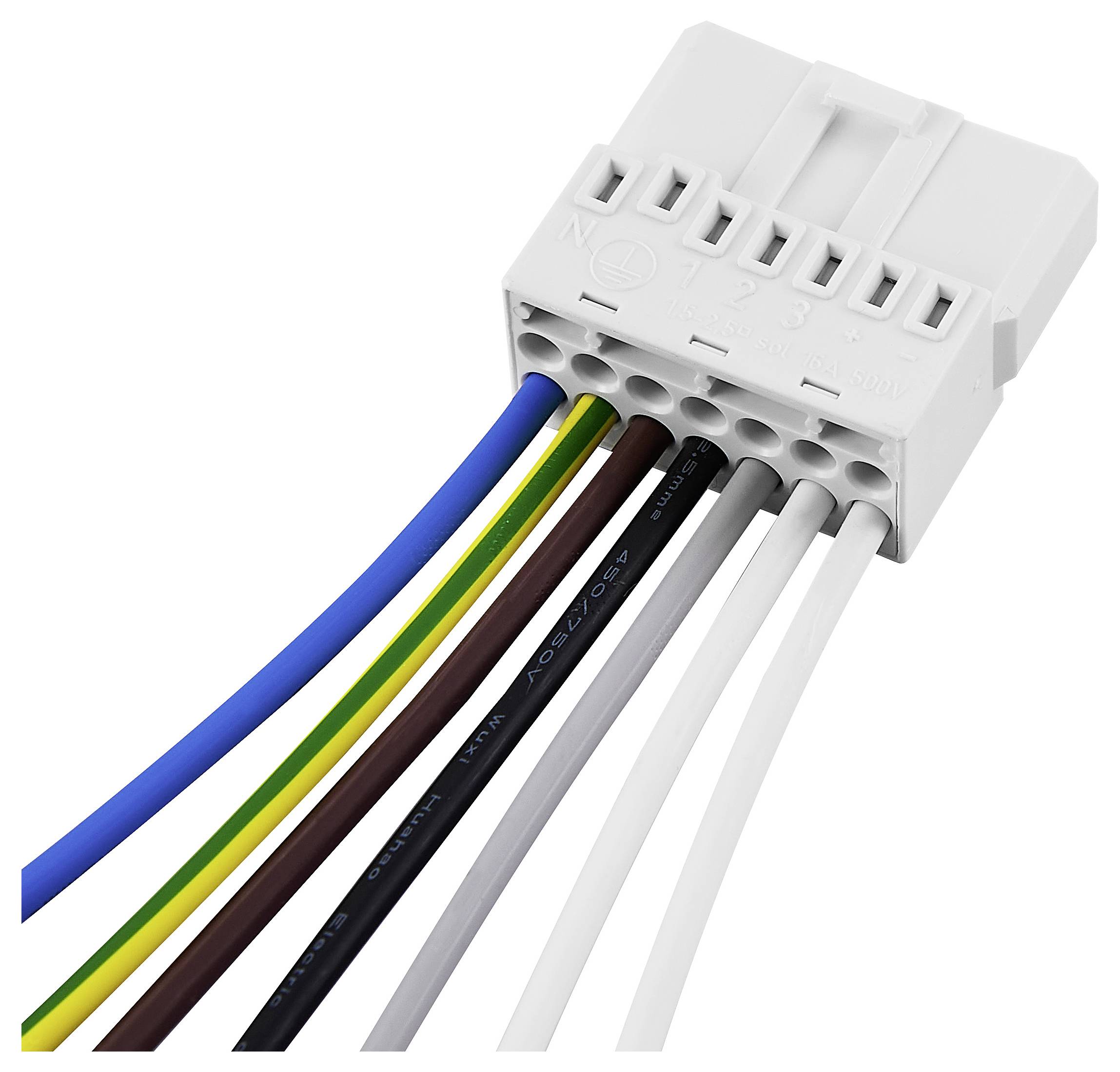 Mehrfarbige Kabel, verbunden mit einem weißen elektrischen Stecker. Die Kabel sind blau, gelb-grün, braun, schwarz, grau und weiß.