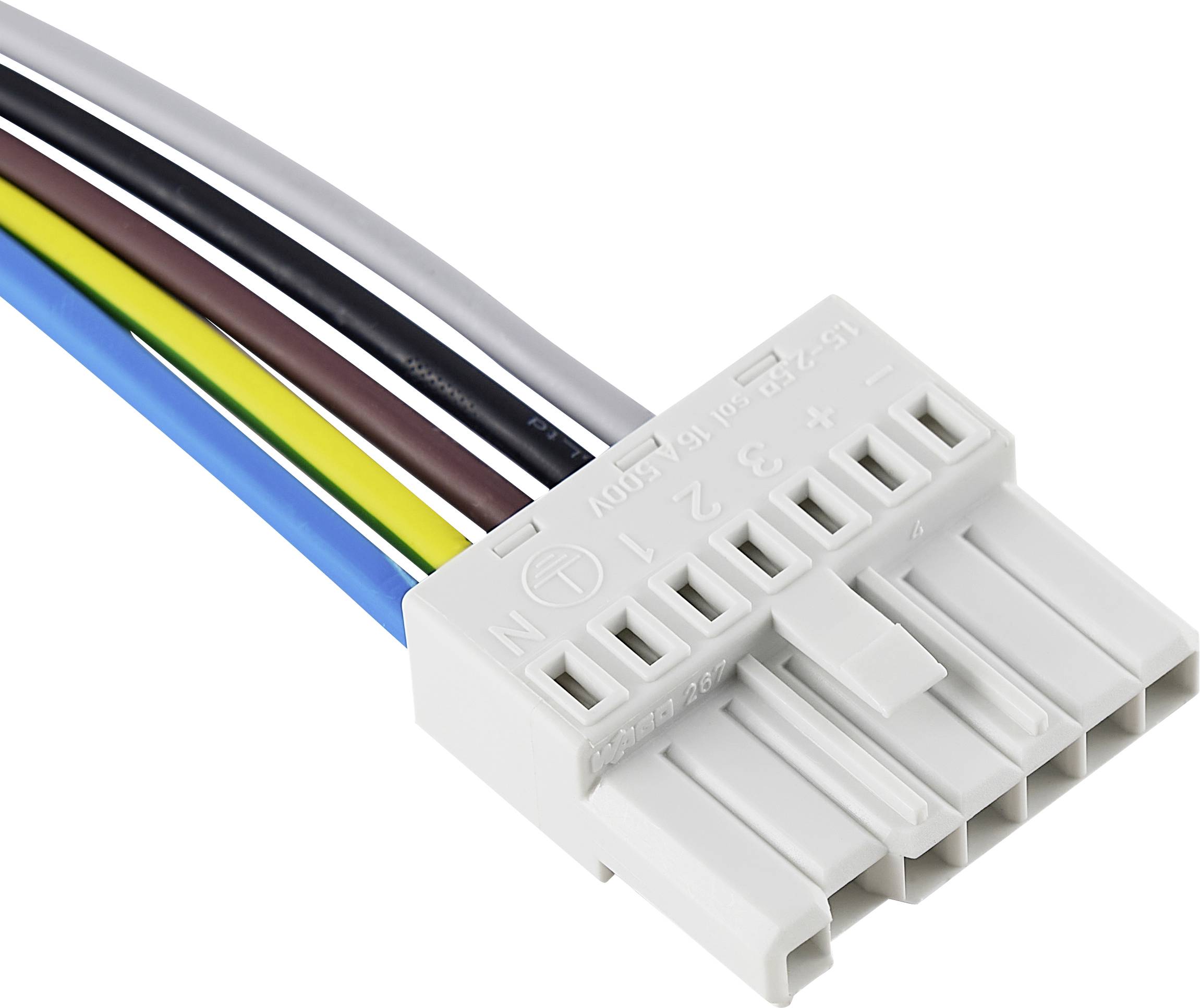 Ein weißer Kabelstecker mit mehreren farbigen Drähten (weiß, schwarz, blau, gelb, grün) zeigt die Anordnung für den Anschluss.