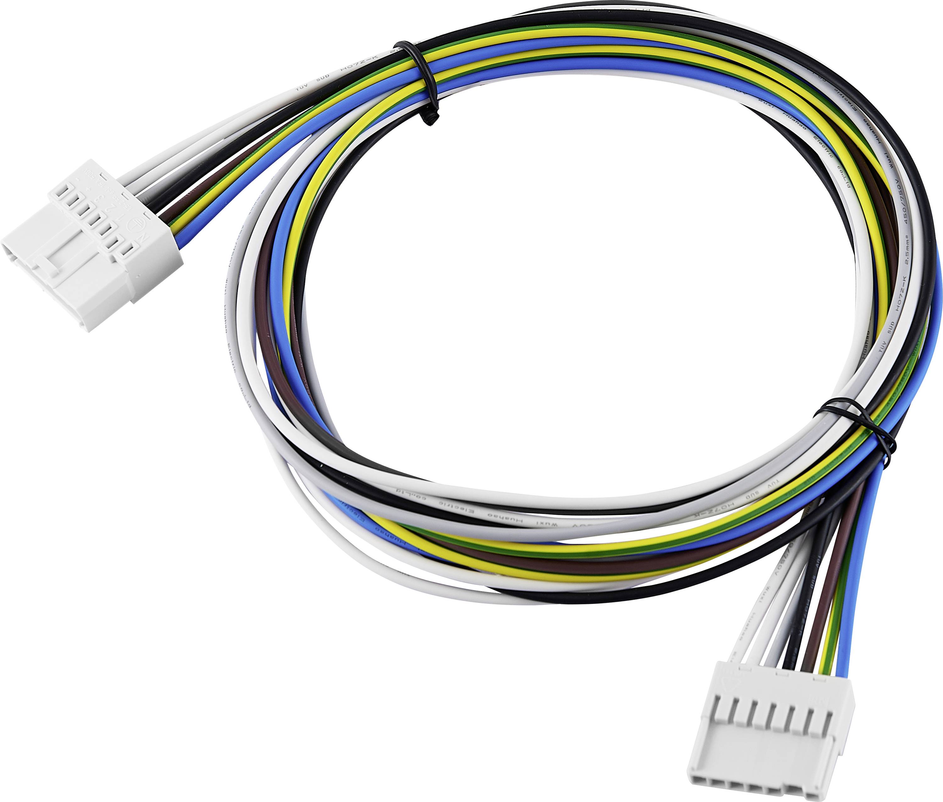 Ein mehrfarbiges Kabel mit mehreren Adern, die an beiden Enden mit Steckern versehen sind, liegt in einer Schleife.