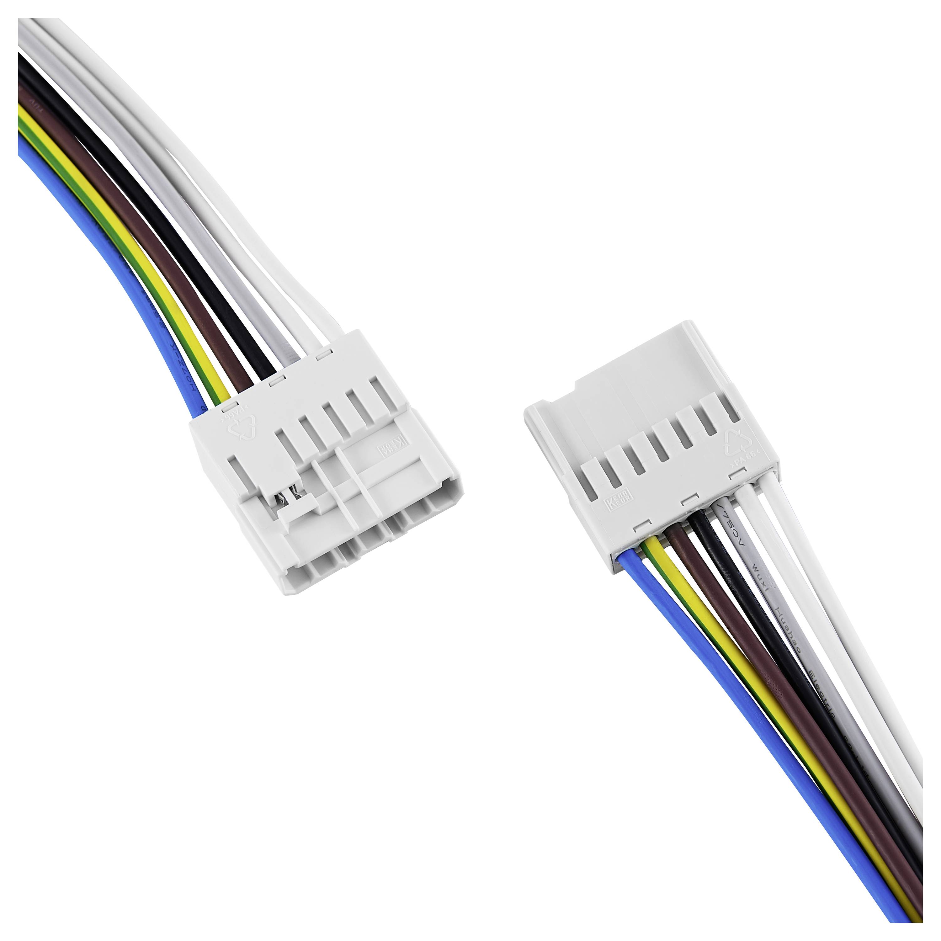 Zwei weiße Kunststoffstecker mit bunten Kabeln (rot, gelb, schwarz, weiß, blau) sind nebeneinander abgebildet.