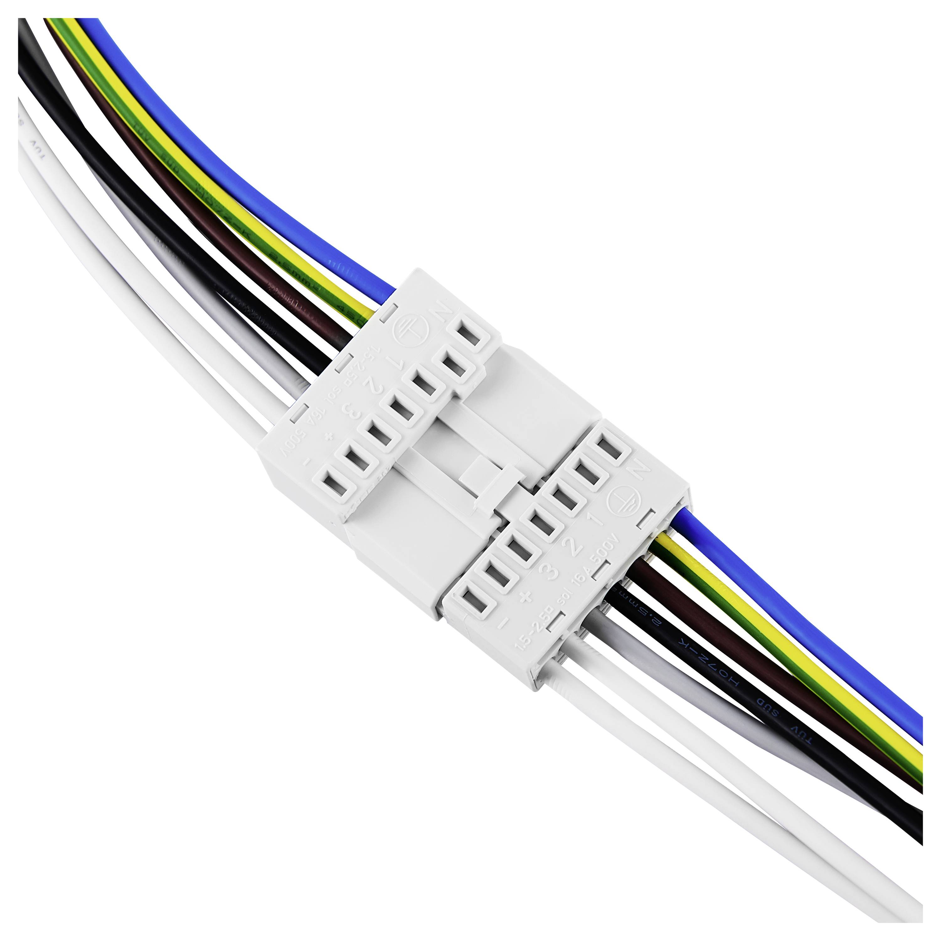 Ein mehrfarbiges Kabelbündel ist mit einem weißen Steckverbinder verbunden, der elektrischen Anschluss ermöglicht.