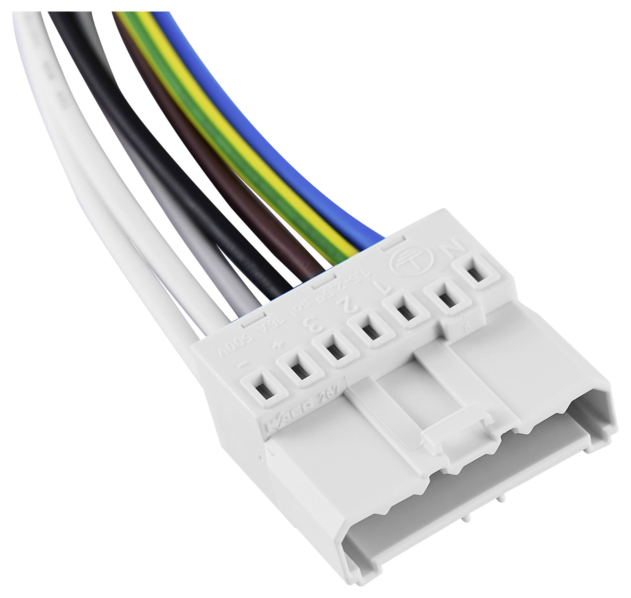 Weiße, sechspolige elektrische Steckverbindung mit angeschlossenen farblich markierten Drähten: Weiß, Schwarz, Blau, Grün-Gelb.