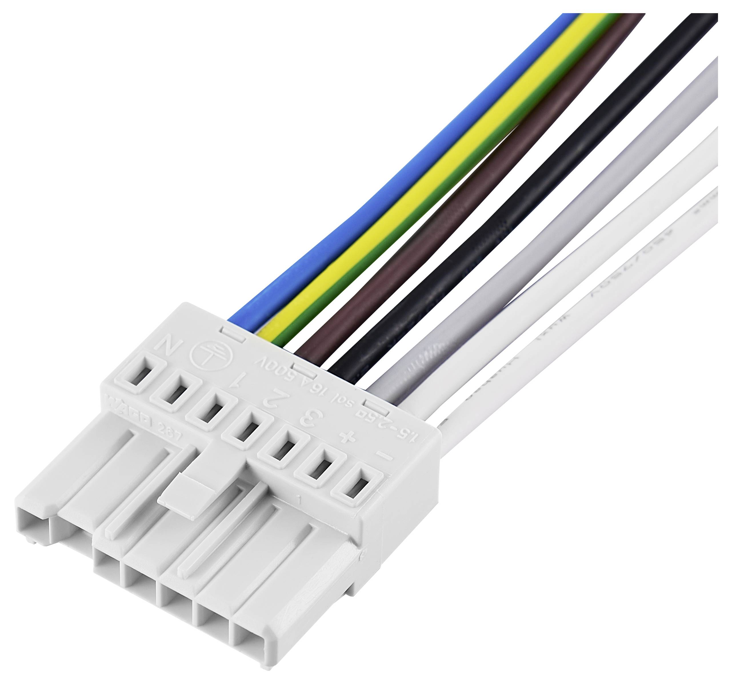 Ein weißer elektrischer Steckverbinder mit mehreren farbigen Kabeln: blau, gelb, grün, braun, schwarz, grau und weiß.