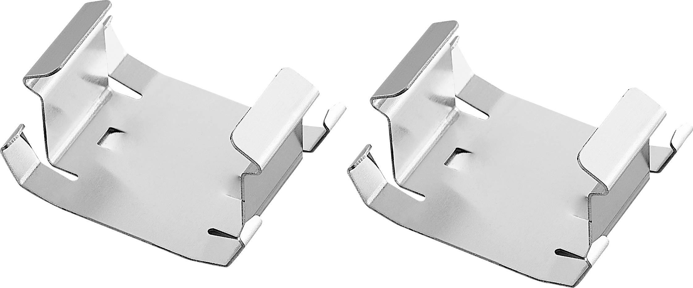 Zwei silberne Metallhalterungen mit gebogenen Kanten, nebeneinander auf weißem Hintergrund.
