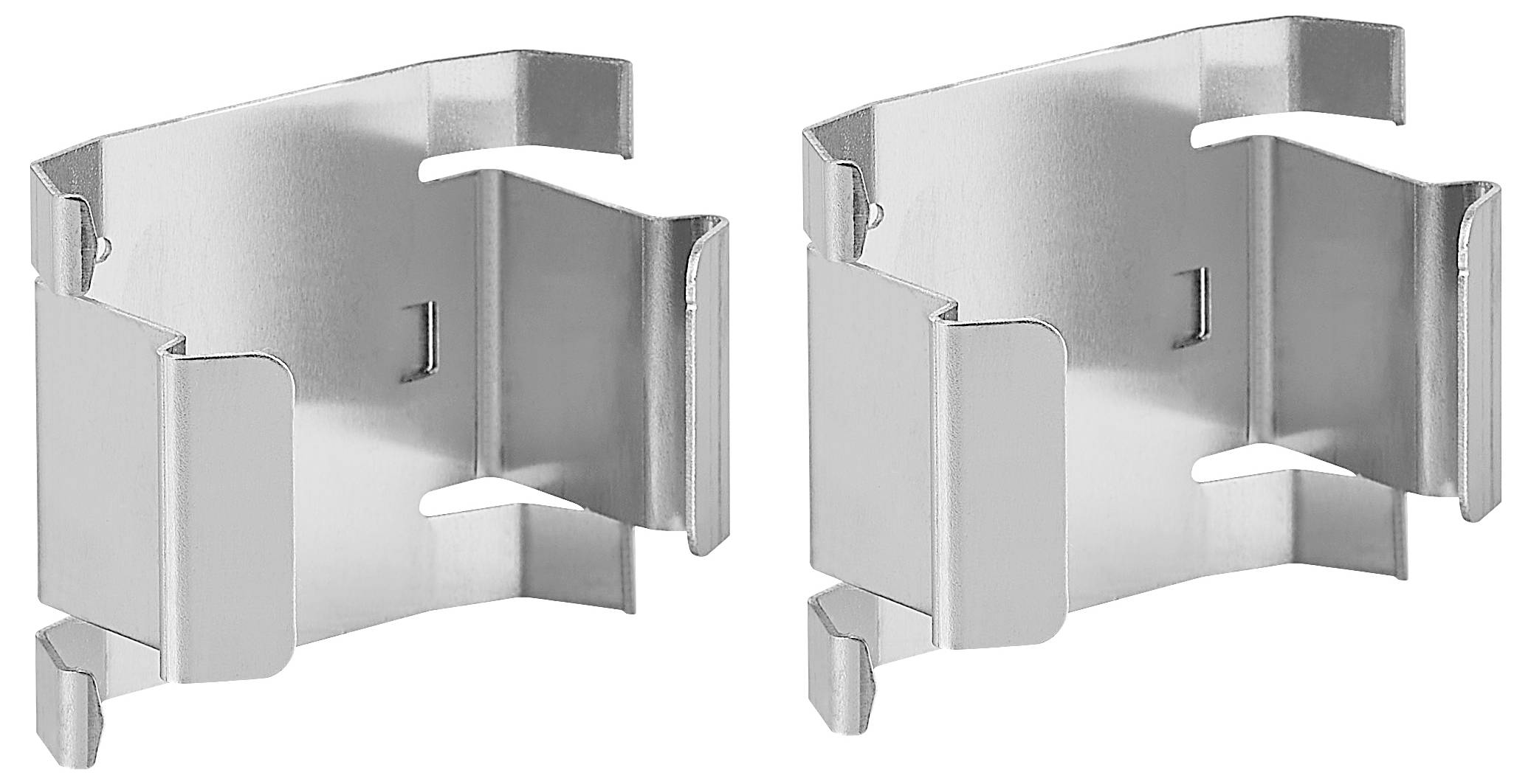 Zwei metallische Halterungen nebeneinander vor weißem Hintergrund. Sie haben gebogene Formen und Öffnungen zur Befestigung.