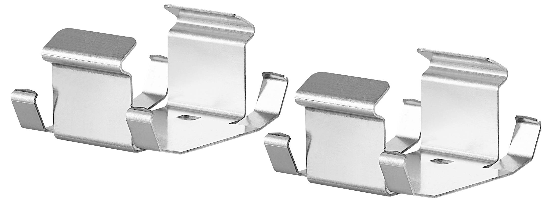 Zwei silberne Metallclips mit gebogenen Kanten, geeignet für die Befestigung von Objekten.