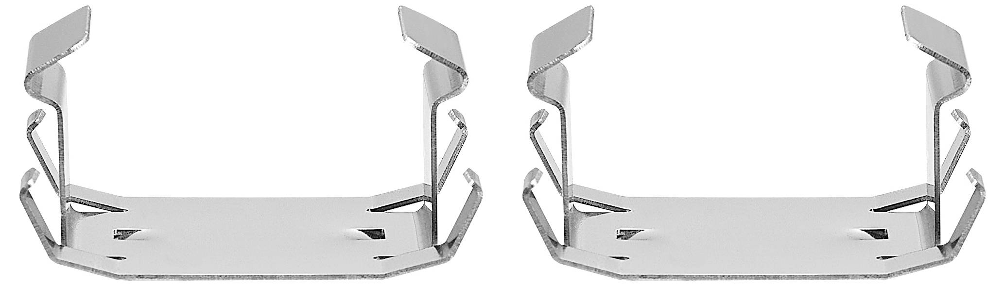 Zwei silberne Metallhalterungen mit Haken an den Seiten, nebeneinander auf weißem Hintergrund.
