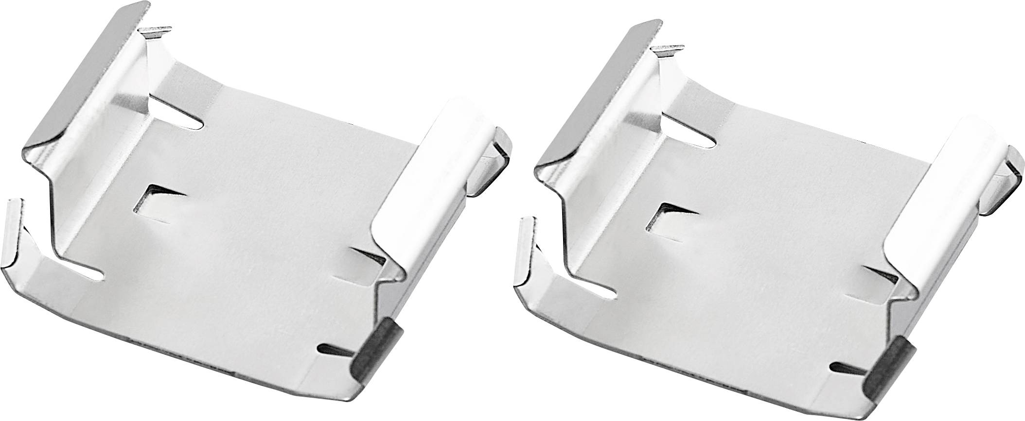 Zwei silberne Metallhalterungen mit gebogenen Kanten und seitlichen Laschen, geeignet für die Befestigung von Gegenständen an einer Oberfläche.