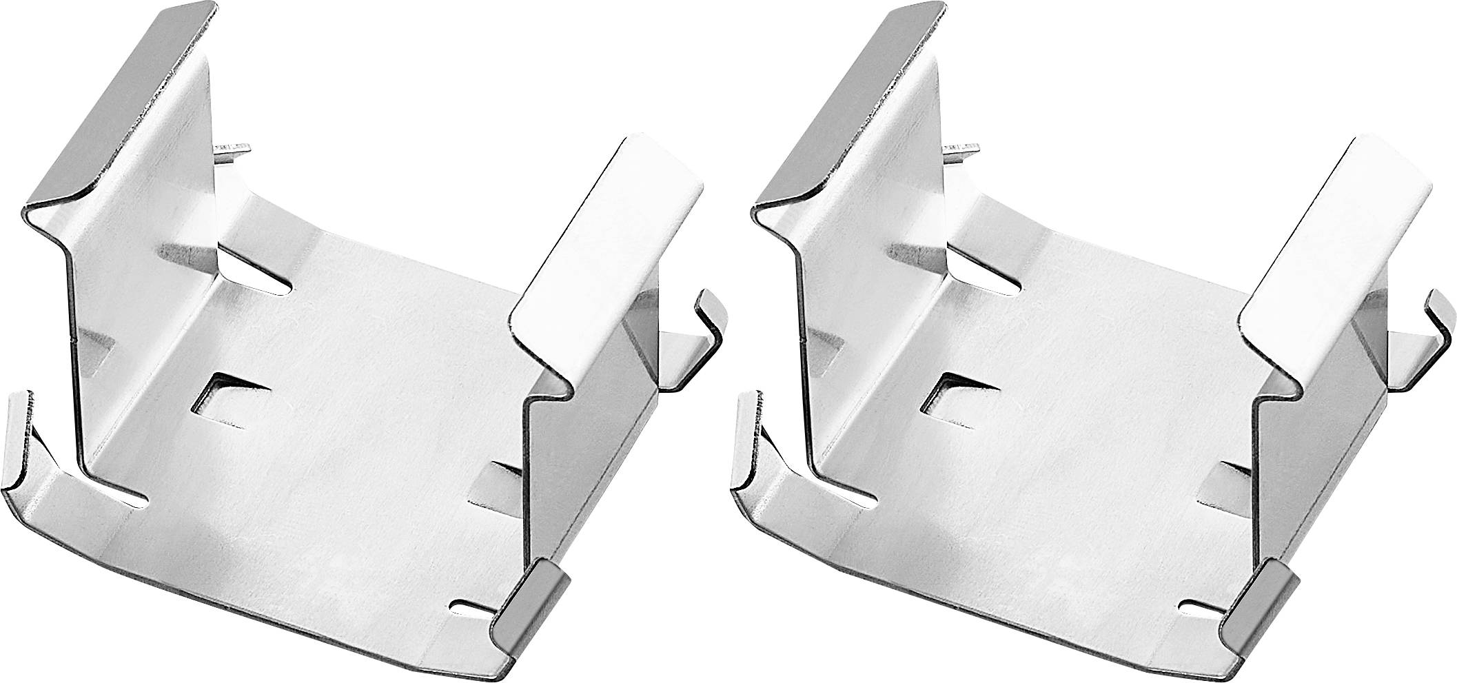Zwei silberne Metallhaken nebeneinander. Sie sind gleich groß, wirken robust und haben eine eckige Form mit seitlichen Halterungen.