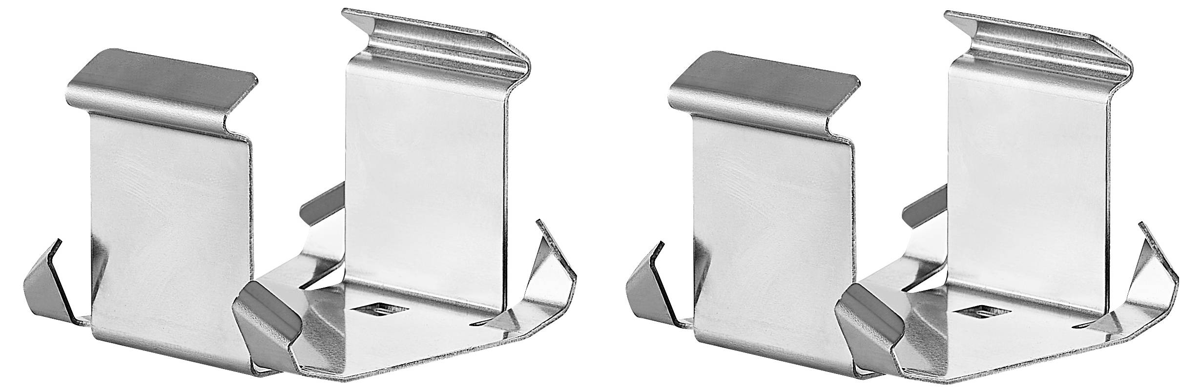 Zwei silberne Metallklammern mit rechteckiger Form und gebogenen Enden auf weißem Hintergrund. Sie sind nebeneinander angeordnet.