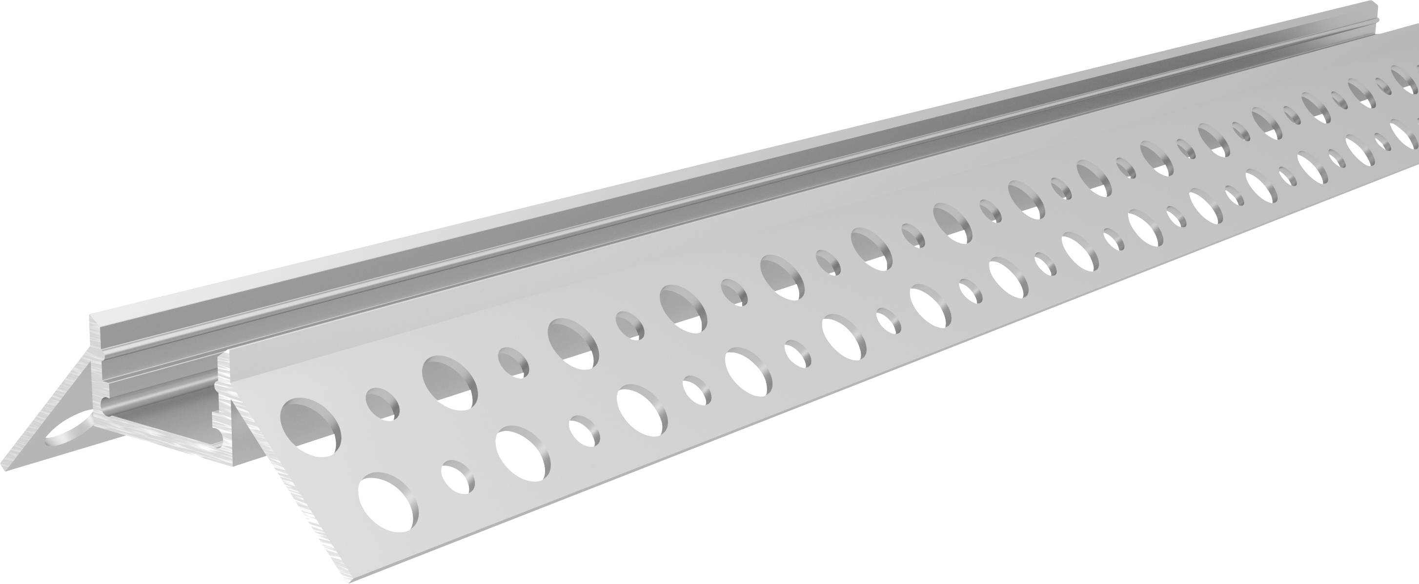 Ein weißes PVC-Anschlussprofil mit runden Löchern, das für den Übergang zwischen zwei Oberflächen verwendet wird.