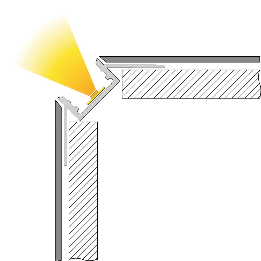 Diagramm zeigt Sonnenlicht, das von einem schrägen Spiegel auf eine darunterliegende Fläche reflektiert wird.