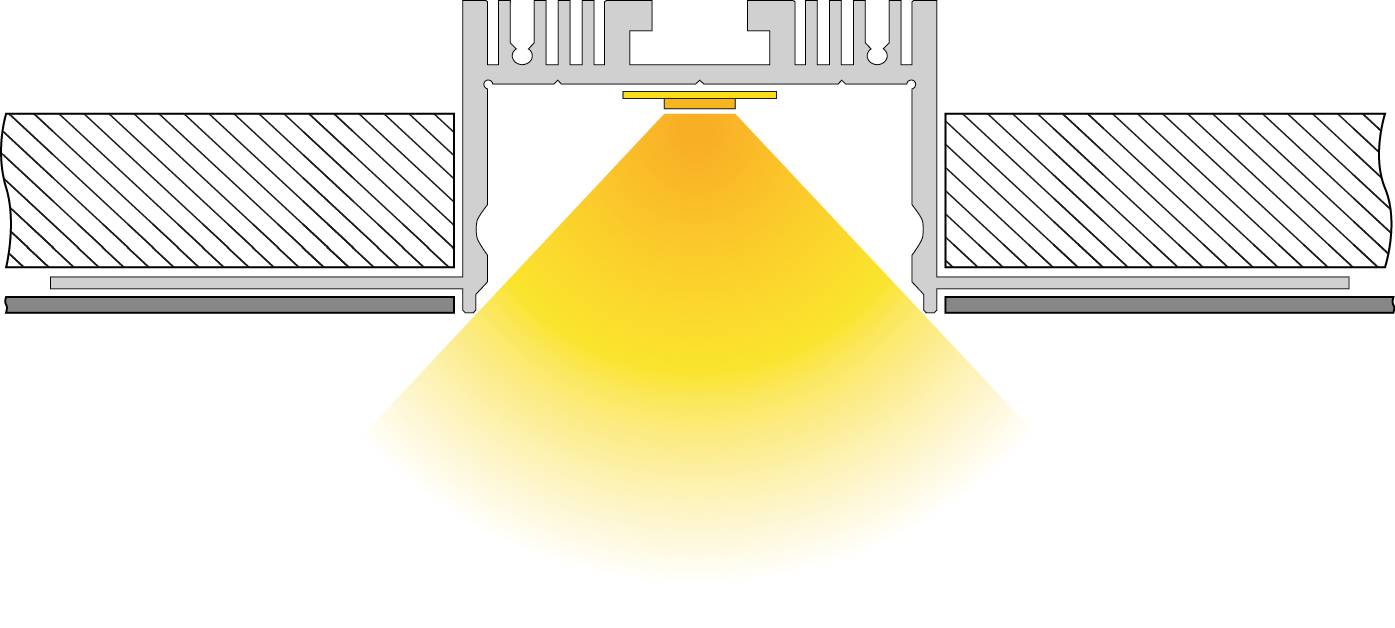 Schematische Darstellung einer Einbauleuchte, die nach unten gerichtetes gelbes Licht abstrahlt.