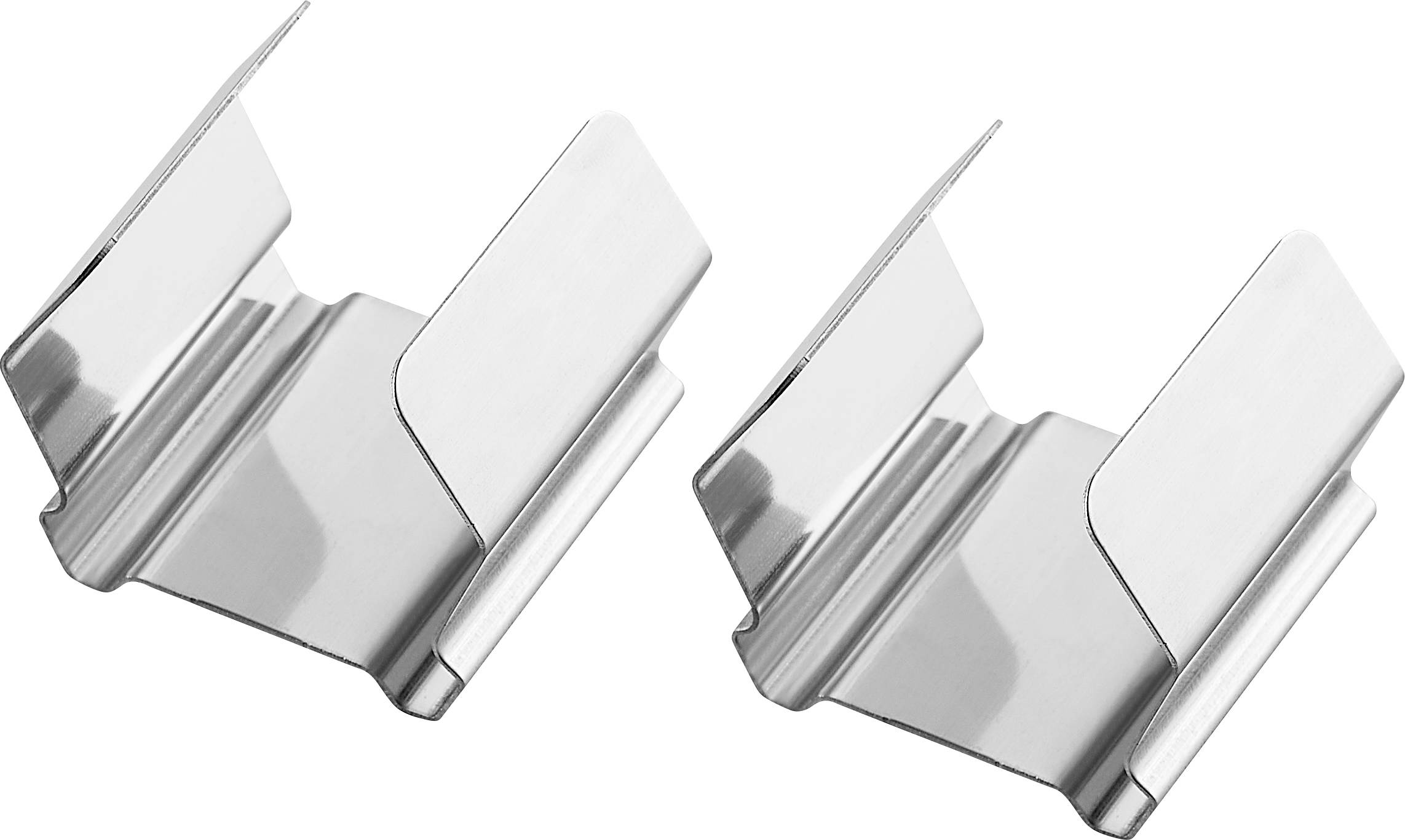 Zwei silberne Metallklammern, parallel angeordnet, jeweils mit zwei abgewinkelten Laschen, geeignet zum Stabilisieren oder Befestigen.