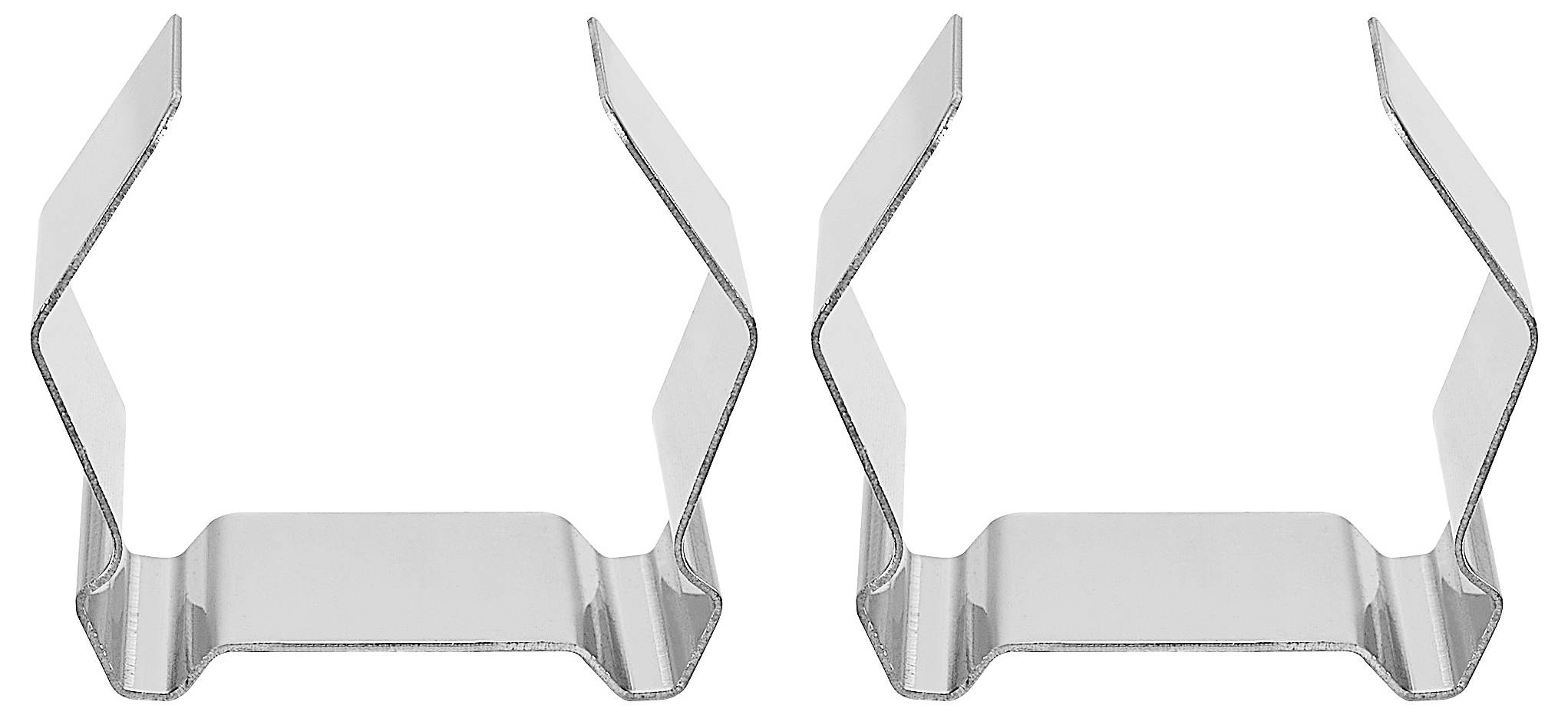 Zwei silberne Metallhalterungen, die nebeneinanderstehen. Sie sind z-förmig und scheinen für das Halten von Gegenständen konzipiert zu sein.