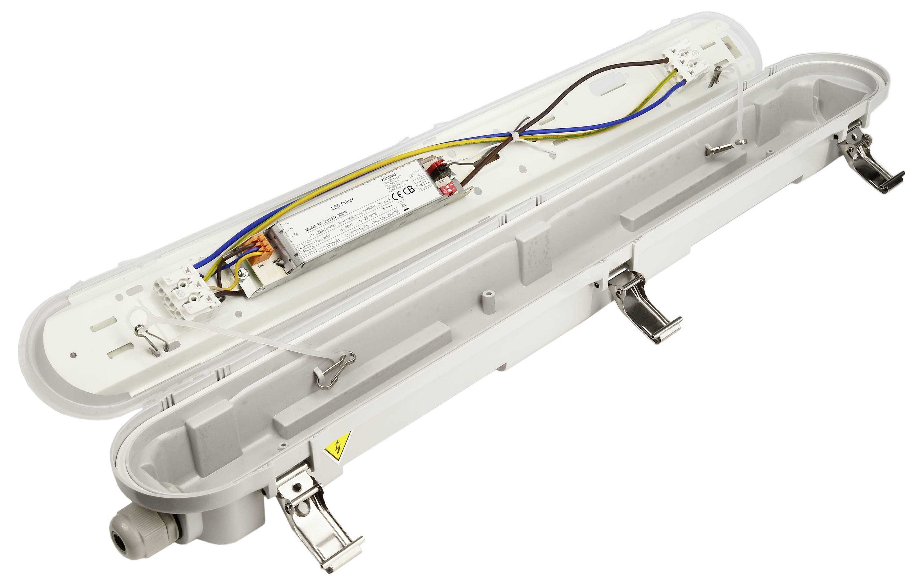 Geöffnetes Gehäuse einer LED-Leuchte mit sichtbarer Verkabelung und Halterungen, bereit zur Installation.