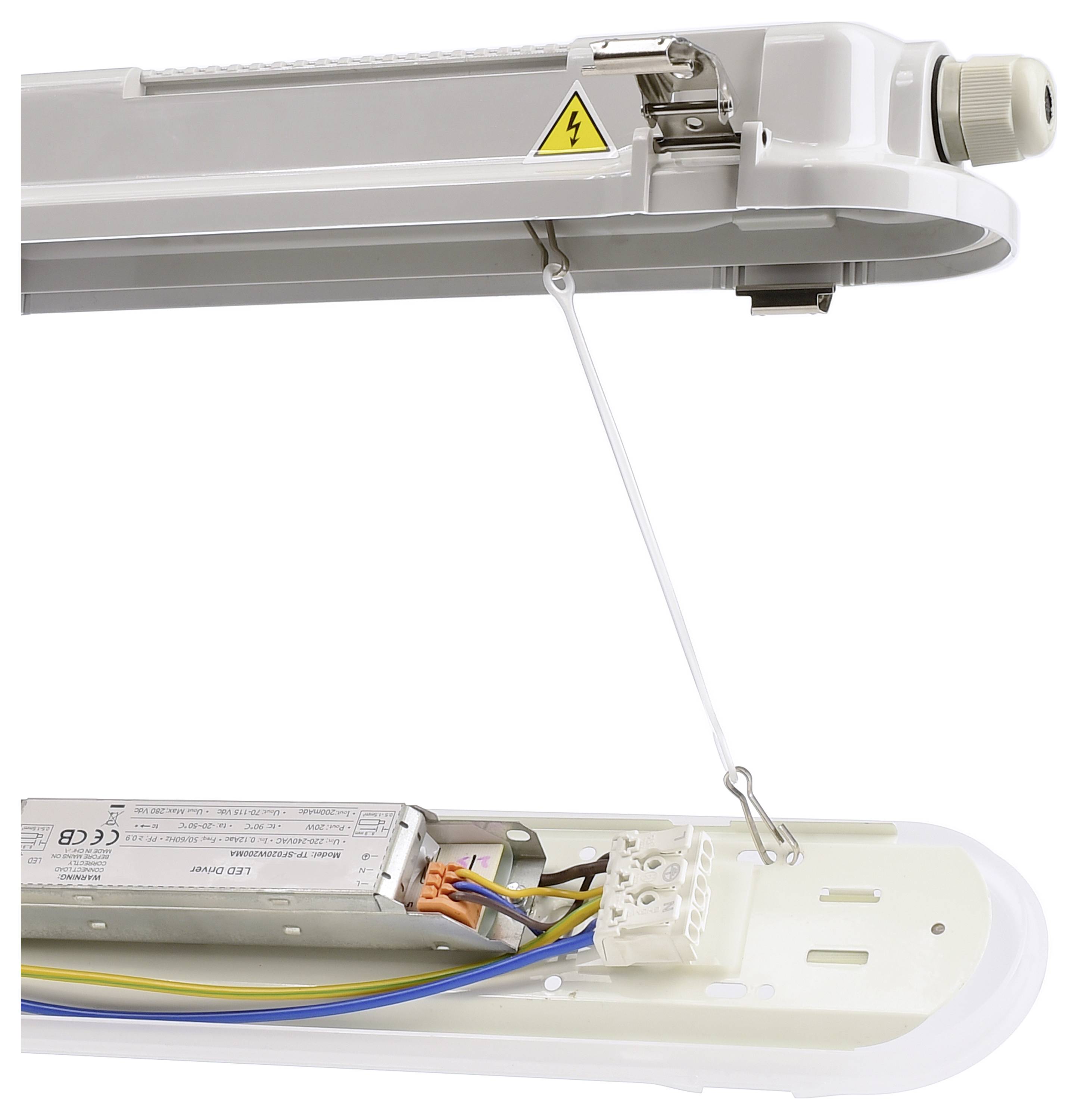 Abgebildet ist das Innenleben einer geöffneten LED-Leuchte mit sichtbaren elektrischen Anschlüssen und Kabeln. Ein Warnsymbol ist zu sehen.