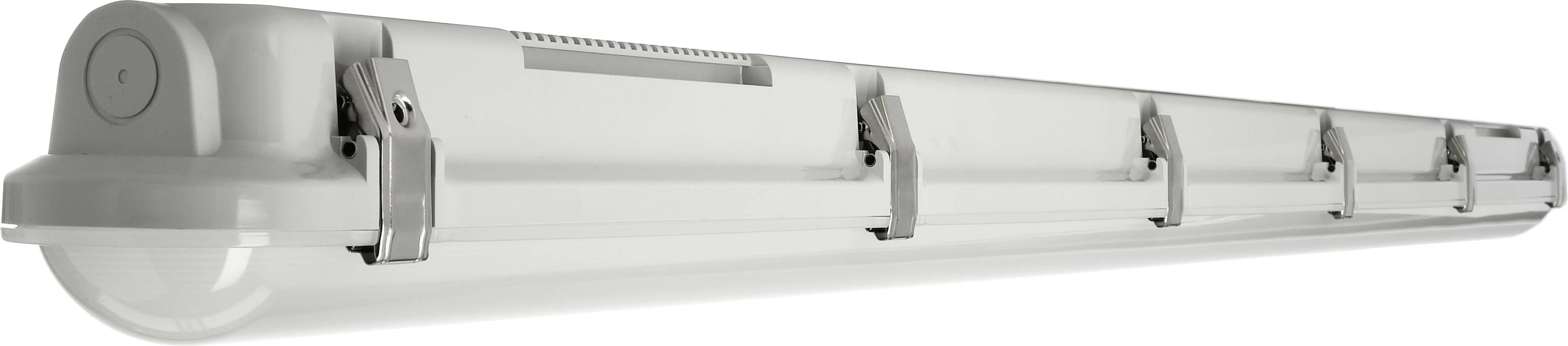 Graue, längliche LED-Leuchte mit fünf Halterungen an der Seite, geeignet für industrielle oder gewerbliche Anwendungen.