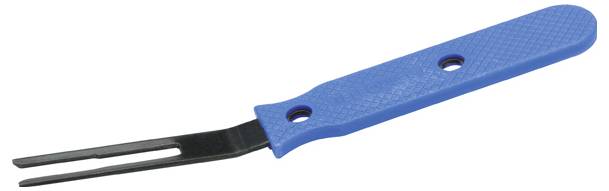 Ein blauer Handwerkzeug mit einer zweizinigen Metallgabel, wahrscheinlich zum Herausziehen von Schlüsseln oder Komponenten verwendet.